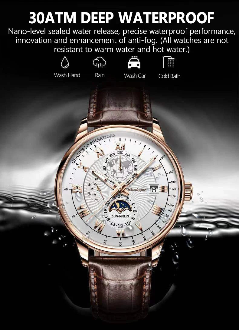 Roman Numeral Full Calendar Watch – Stainless Steel Bracelet with Stopwatch