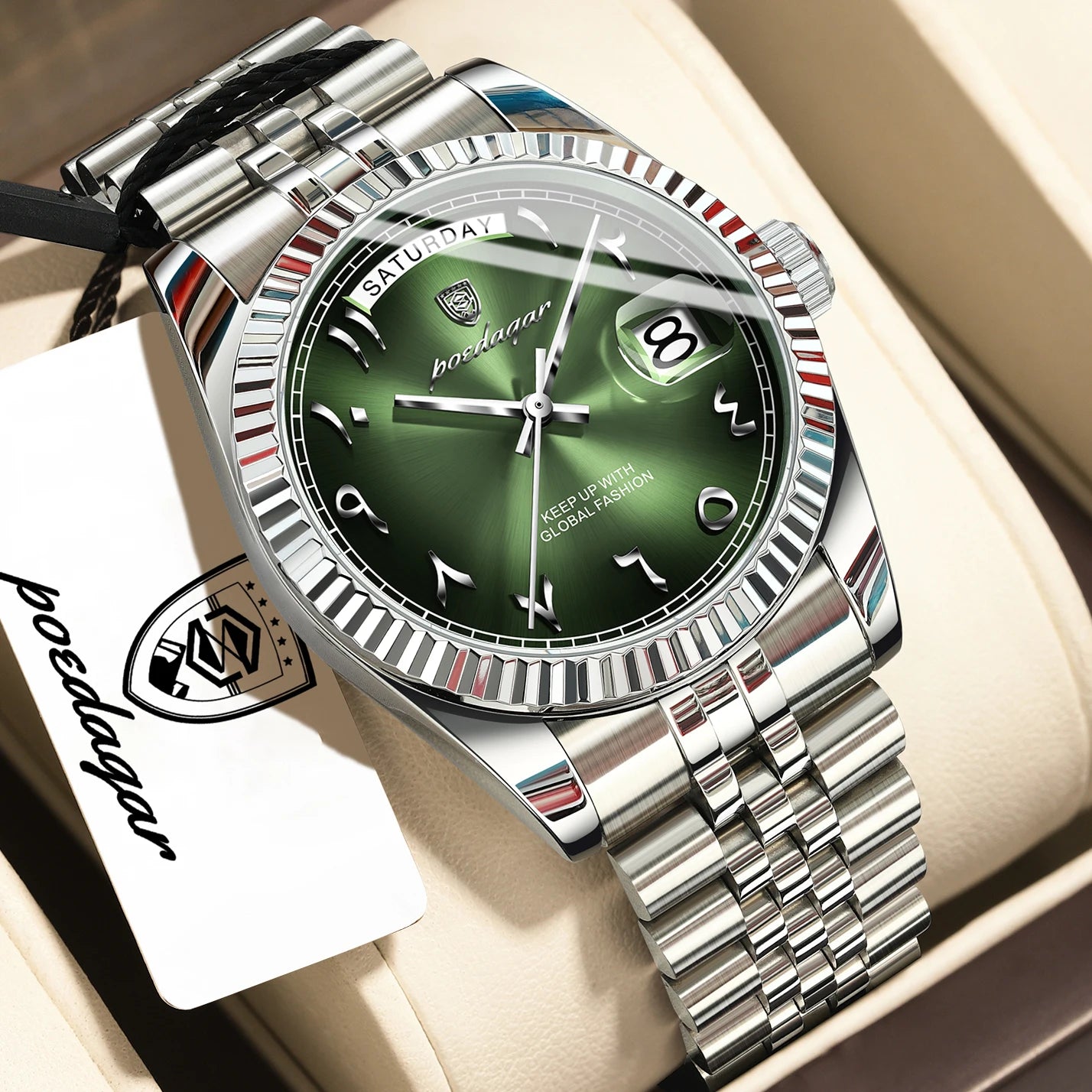 Full Calendar Slim Watch – Date & Week Display with Hidden Clasp Bracelet