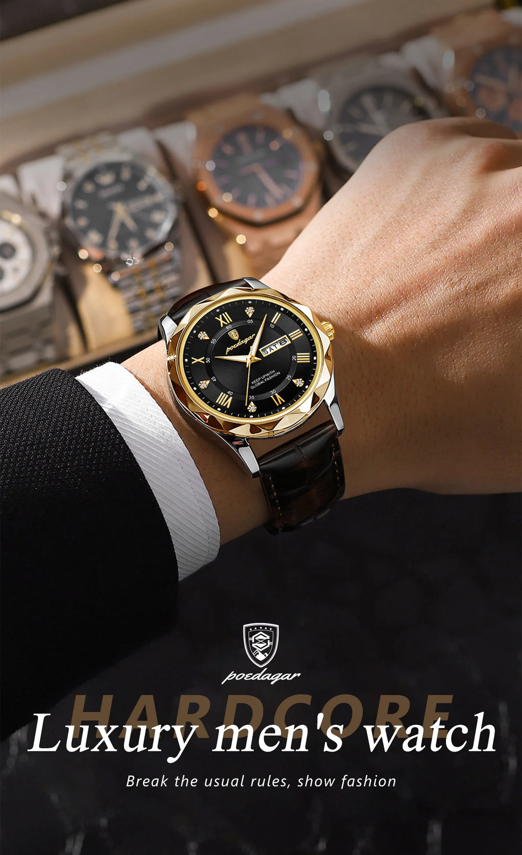POEDAGAR Original Luxury Male Watch Waterproof Luminous Date Week Sports Men's Watches Classic Business Quartz Leather Men Watch