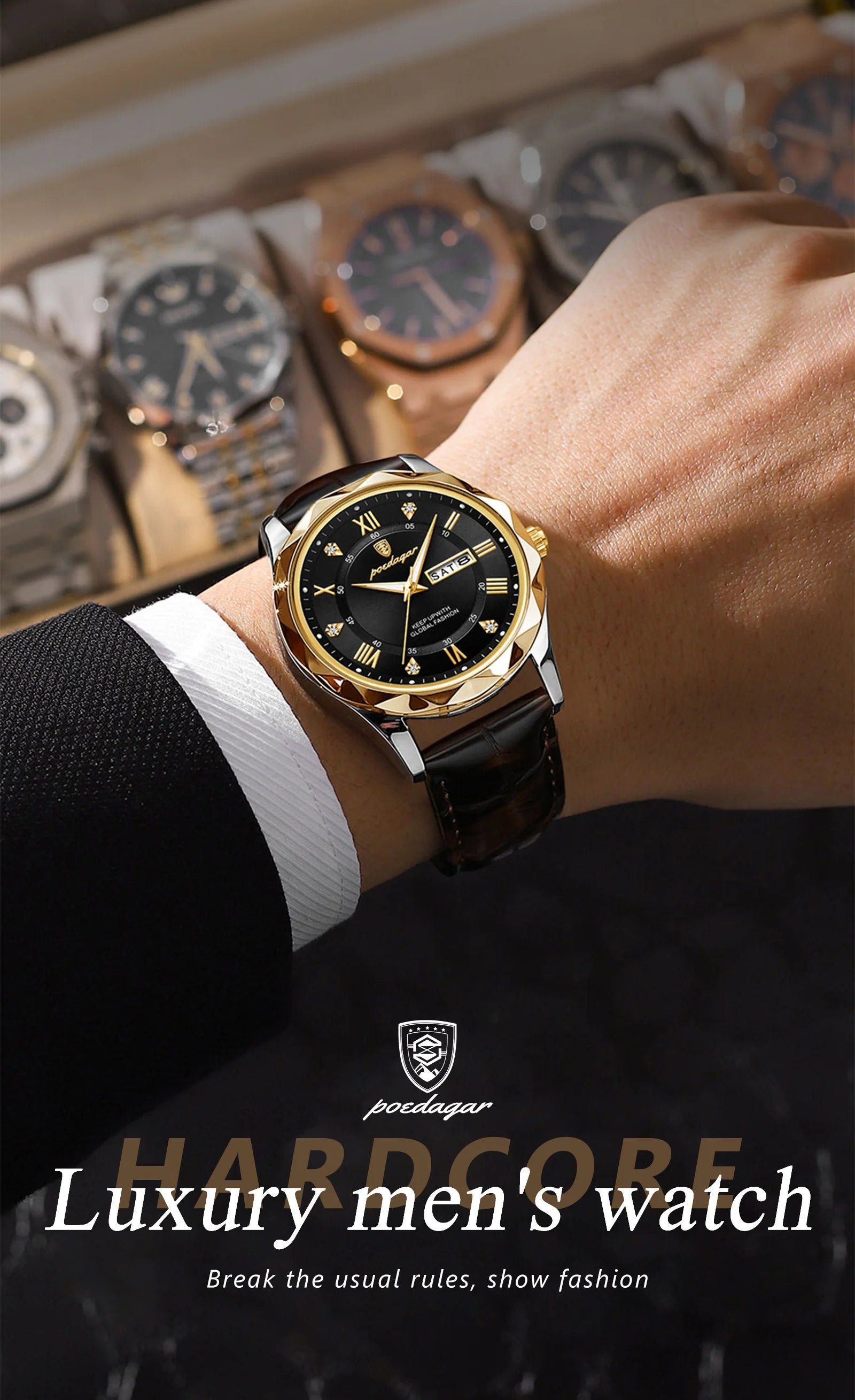 POEDAGAR Original Luxury Male Watch Waterproof Luminous Date Week Sports Men's Watches Classic Business Quartz Leather Men Watch