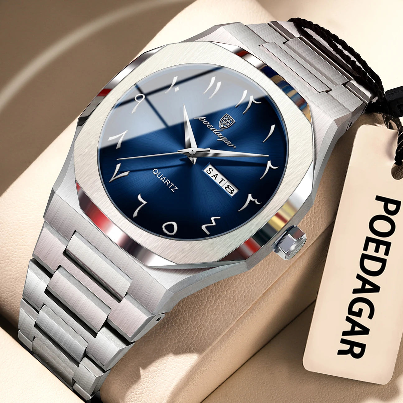 Irregular Shape Full Calendar Watch – Date & Week Display with Hidden Clasp