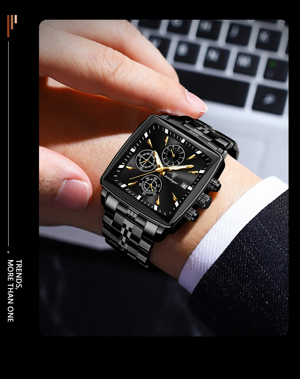 Square Chronograph Watch – Luminous Numberless Dial with Hidden Clasp Bracelet