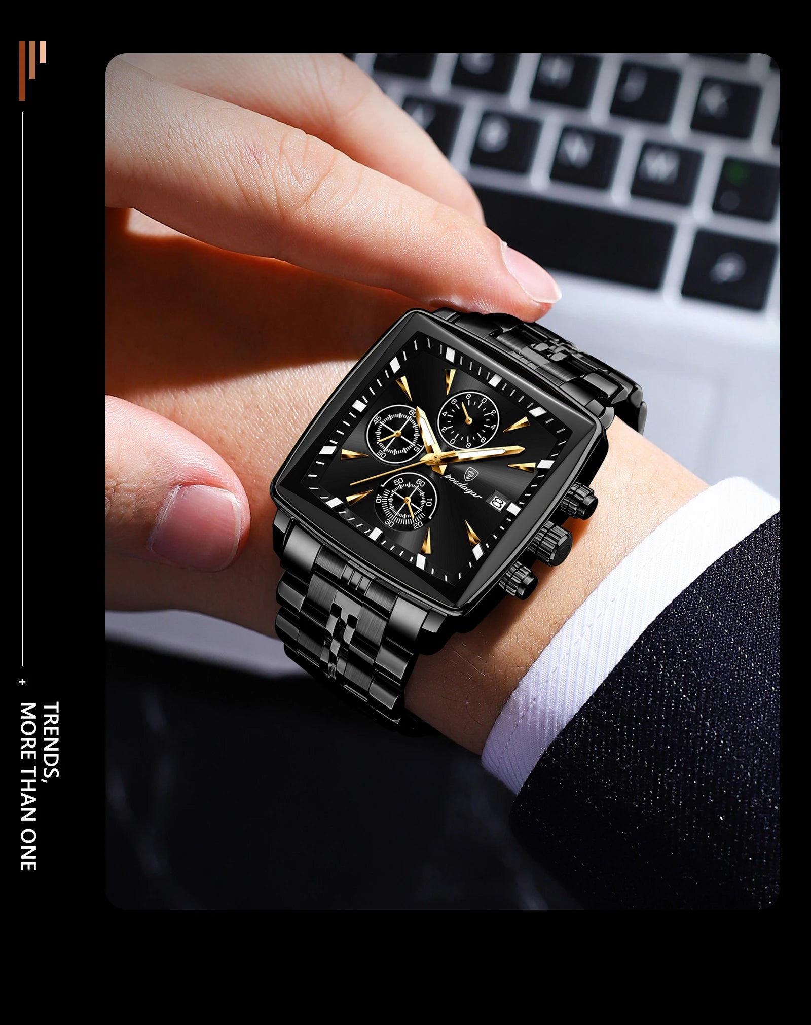 Square Chronograph Watch – Luminous Numberless Dial with Hidden Clasp Bracelet
