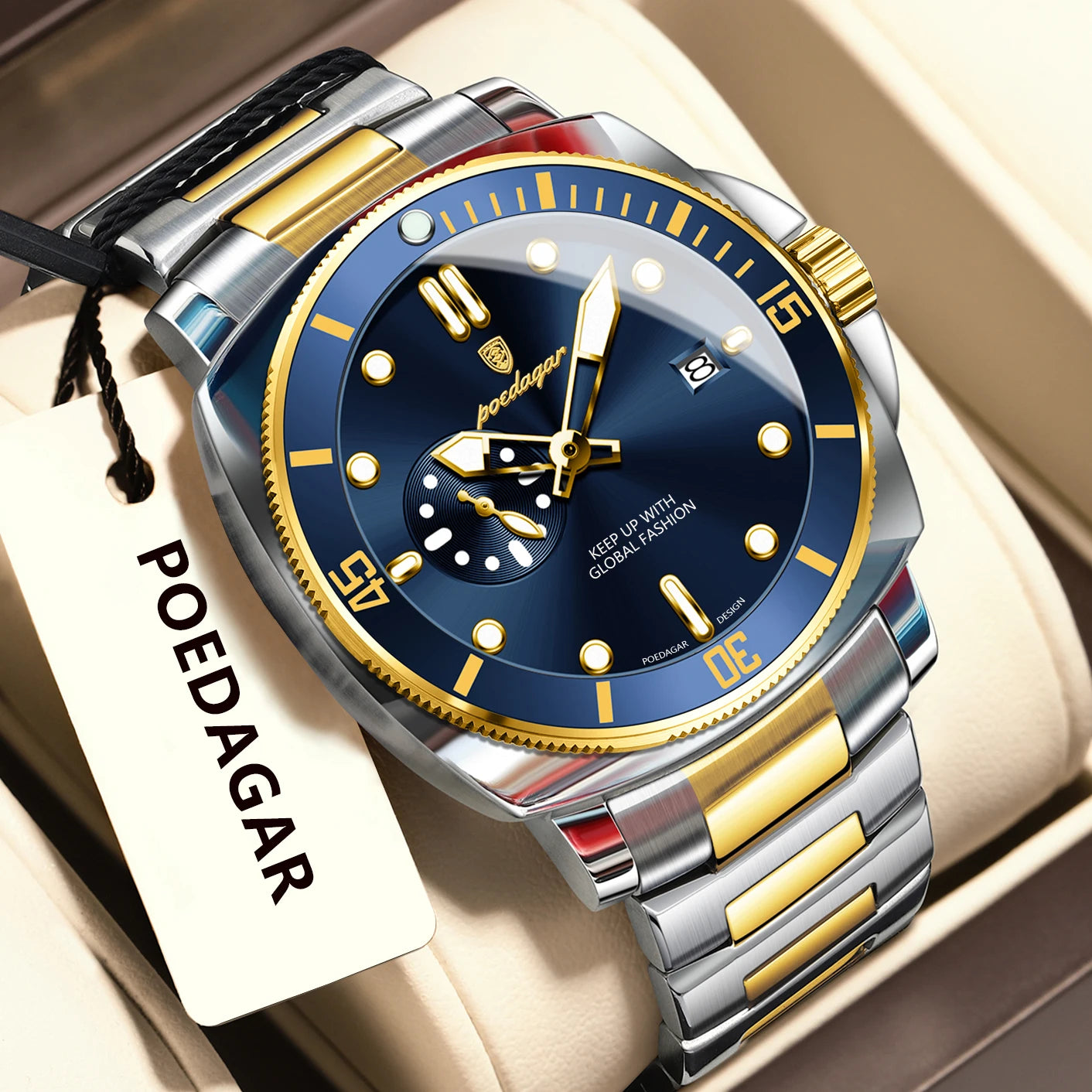 Business Date Watch – Luminous Numberless Dial with Hidden Clasp Bracelet