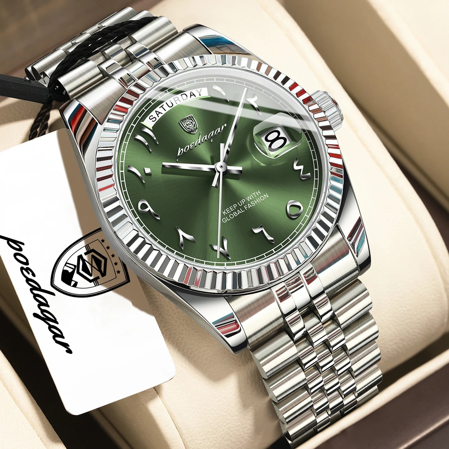 Full Calendar Slim Watch – Date & Week Display with Hidden Clasp Bracelet