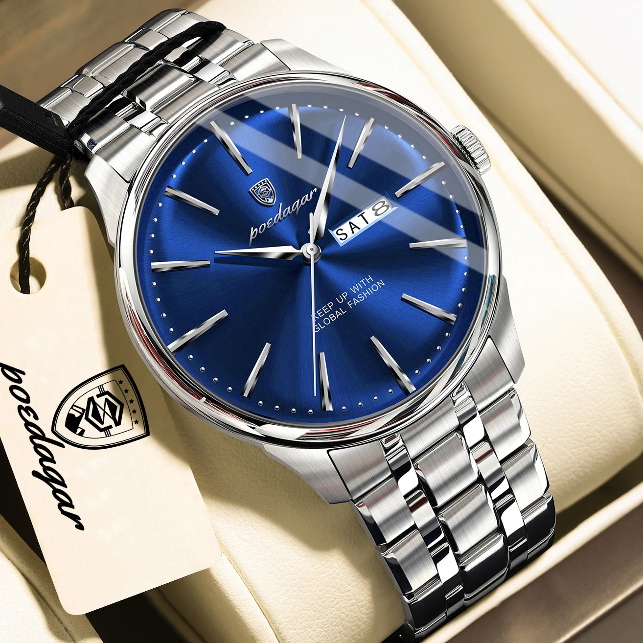 Full Calendar Stainless Steel Watch – Date & Week Display with Hidden Clasp