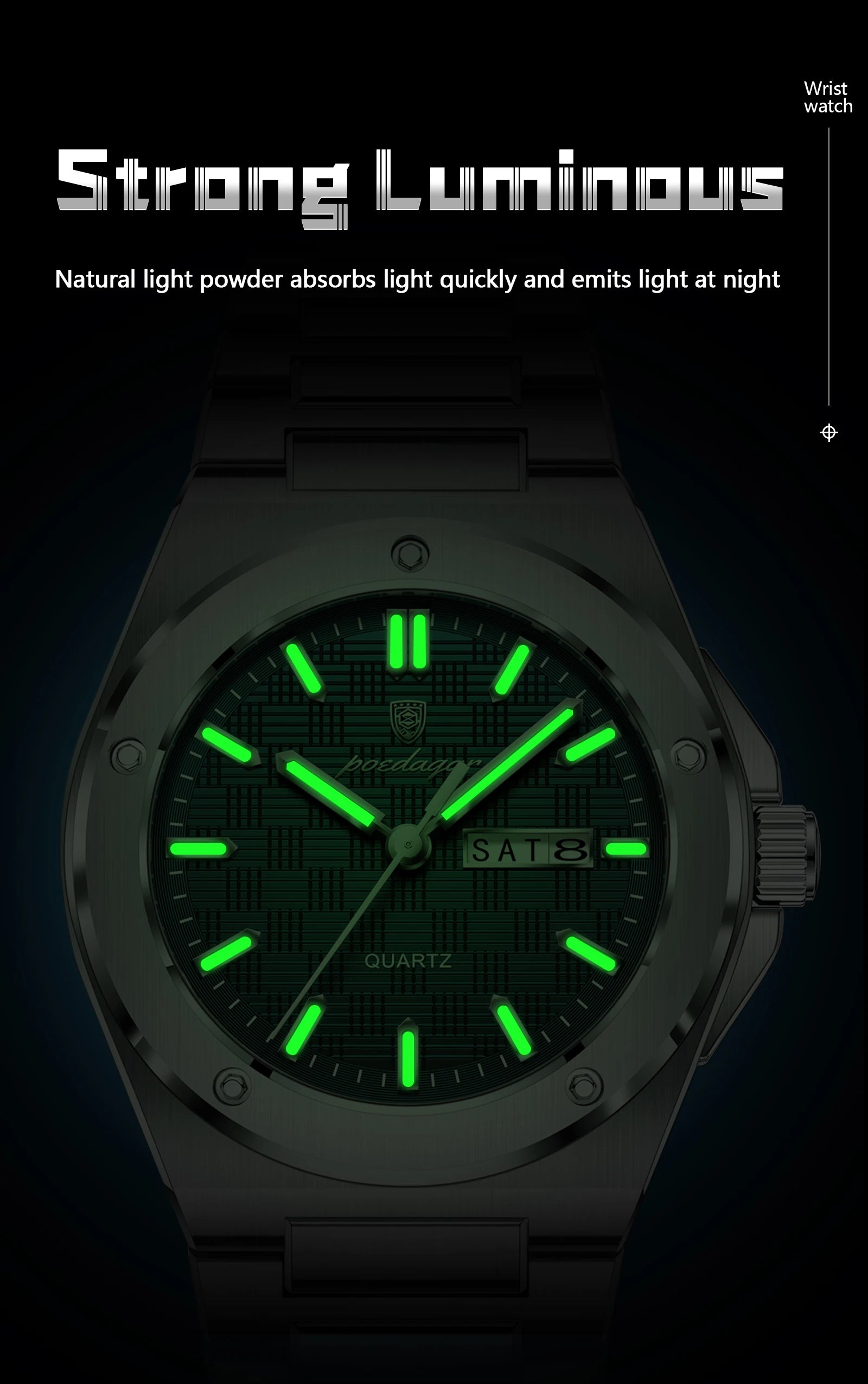 Full Calendar Business Watch – Luminous Stainless Steel with Hidden Clasp Bracelet