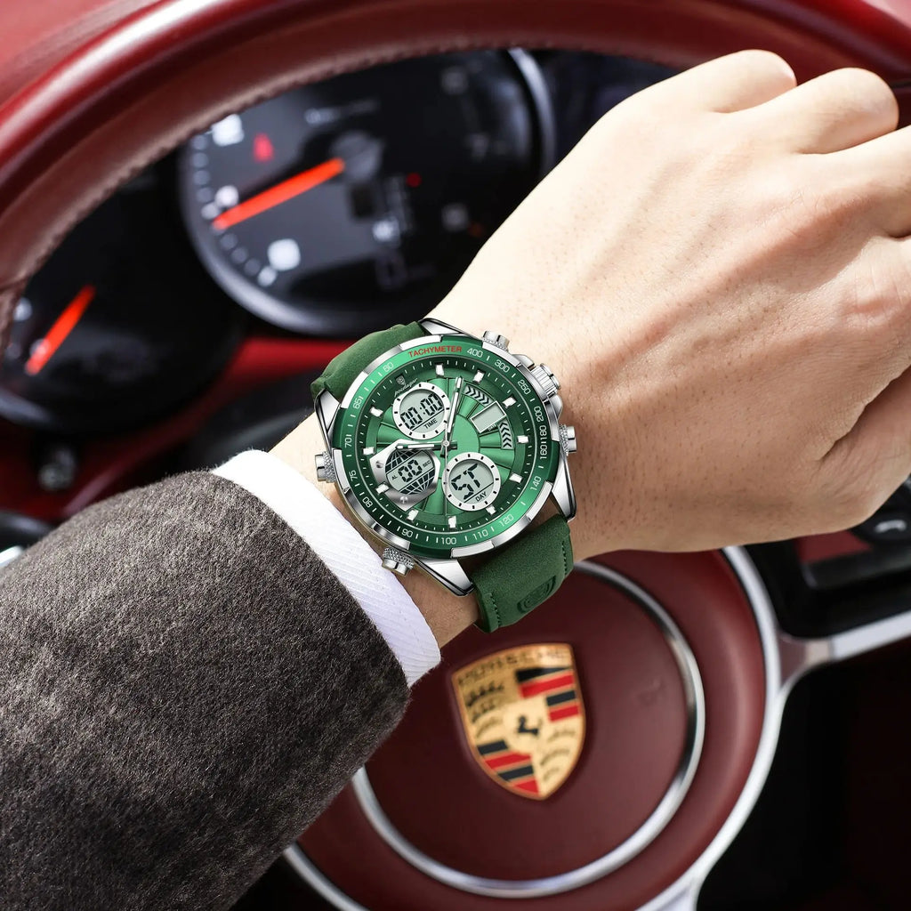 LED Analog-Digital Chronograph Watch – Dual Time & Alarm with Leather Strap