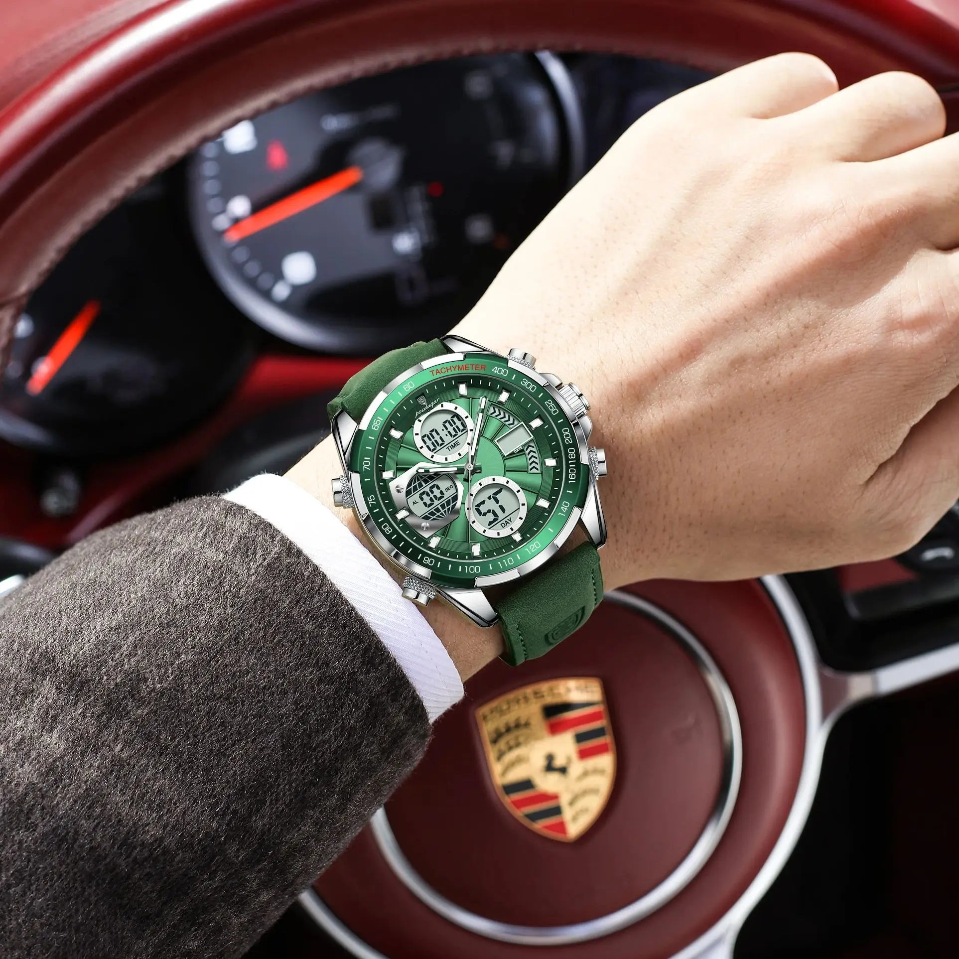 LED Analog-Digital Chronograph Watch – Dual Time & Alarm with Leather Strap