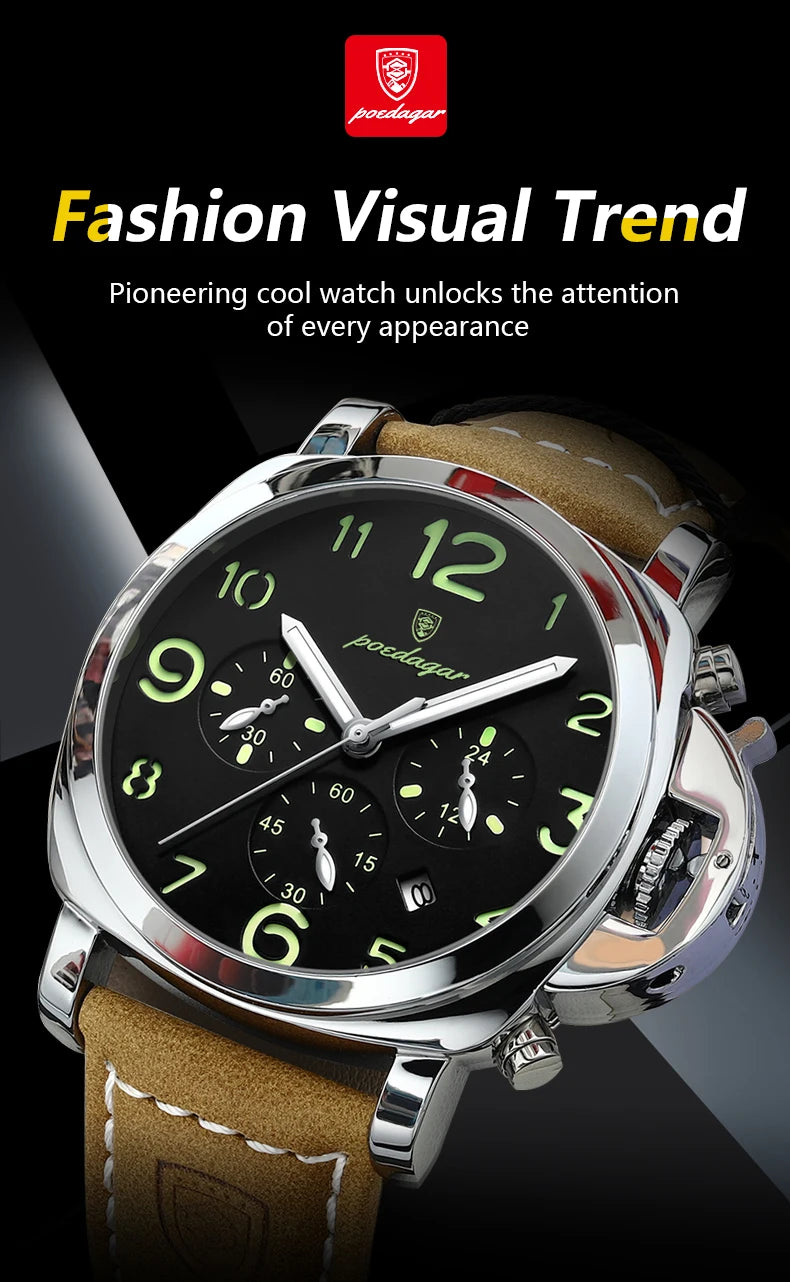 Chronograph Leather Watch – Bold Arabic Dial with Date & Luminous Hands