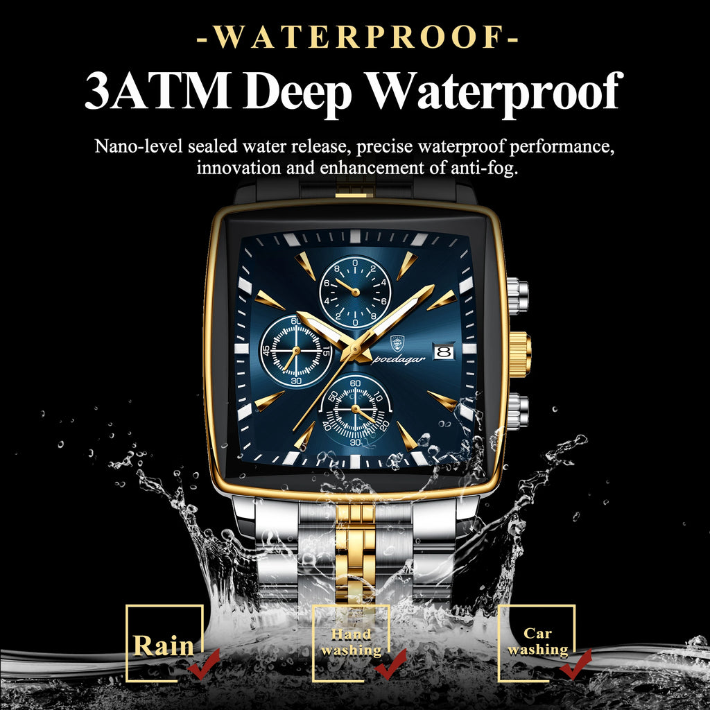 Square Chronograph Watch – Numberless Dial with Hidden Clasp Bracelet