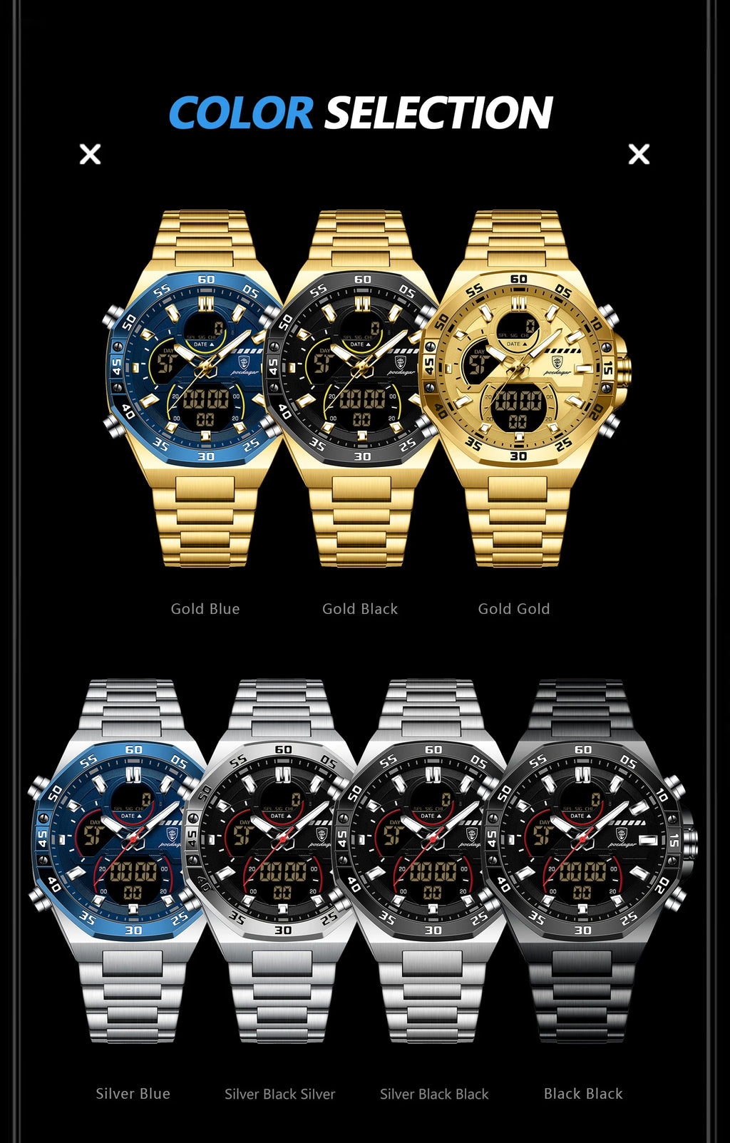 LED Analog-Digital Chronograph Watch – Full Calendar with Alarm & Bracelet
