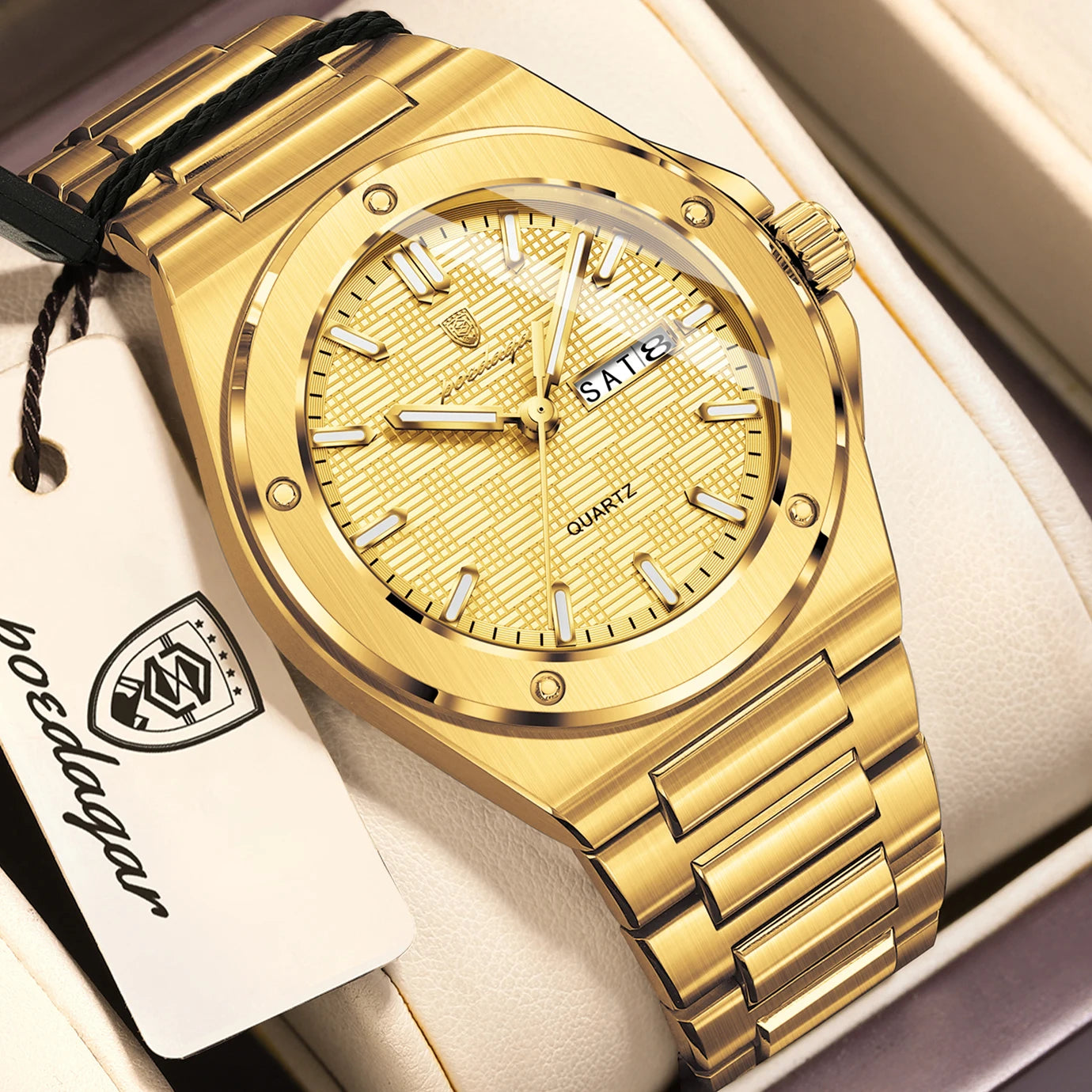 Full Calendar Business Watch – Luminous Stainless Steel with Hidden Clasp Bracelet