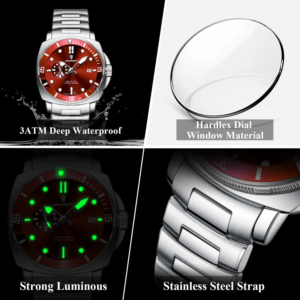 Business Date Watch – Luminous Numberless Dial with Hidden Clasp Bracelet