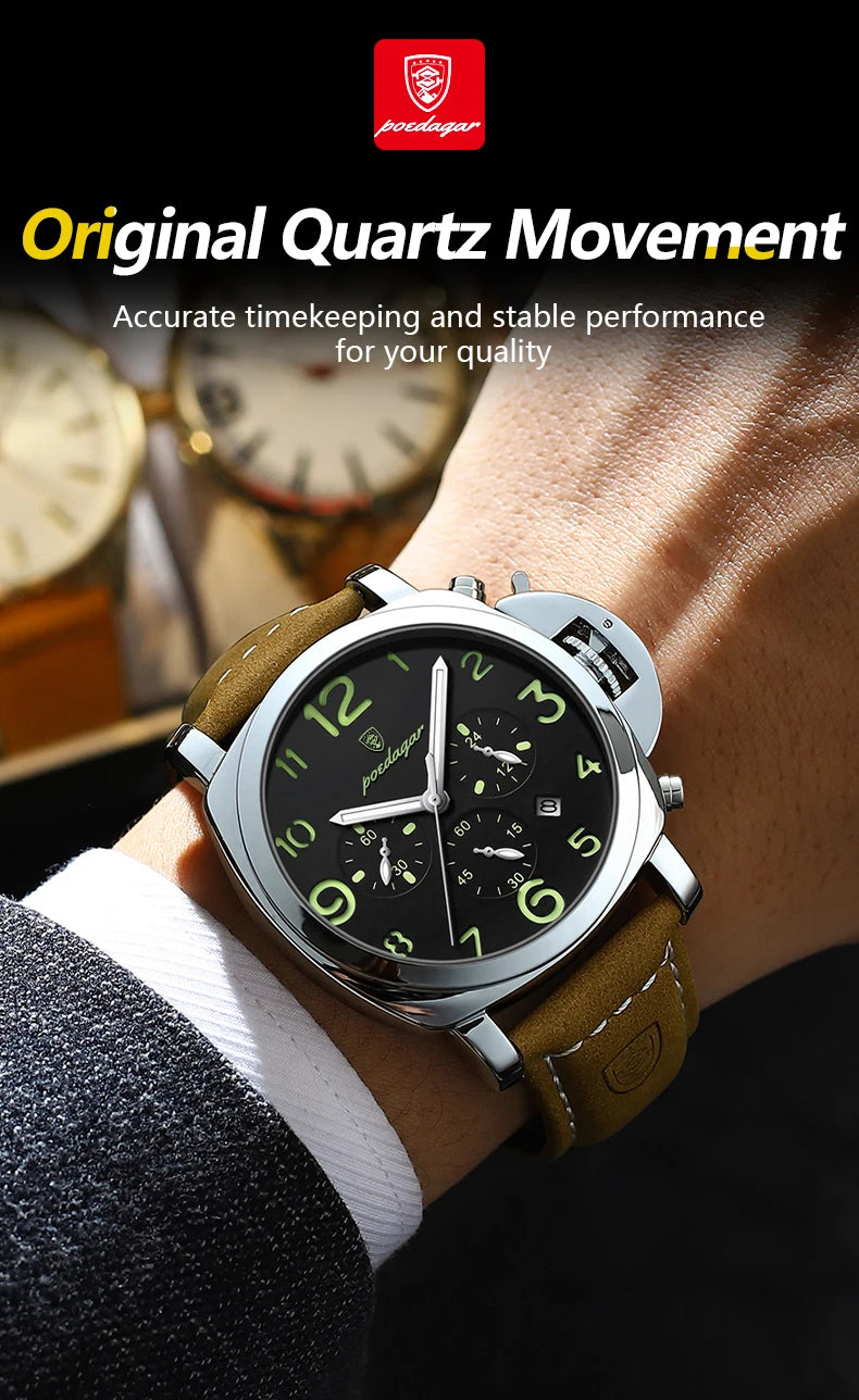 Chronograph Leather Watch – Bold Arabic Dial with Date & Luminous Hands