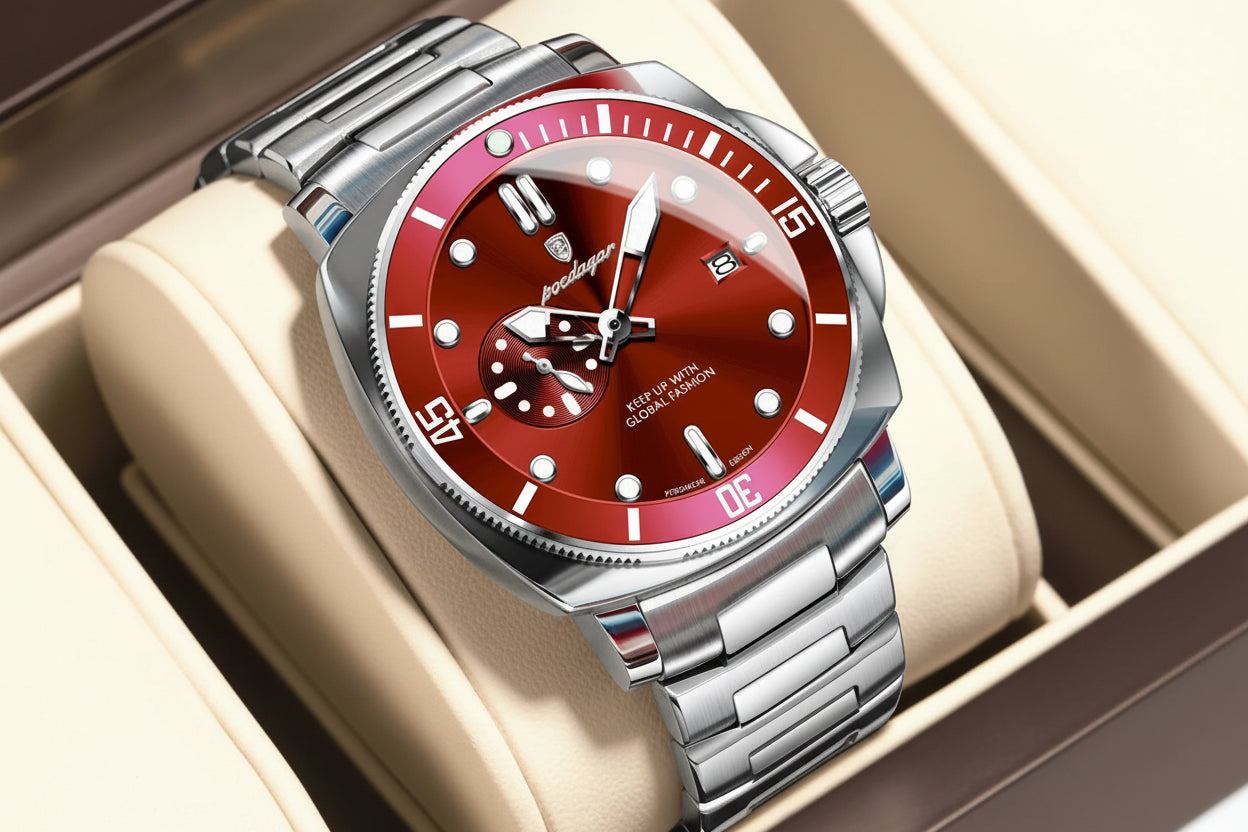 Business Date Watch – Luminous Numberless Dial with Hidden Clasp Bracelet