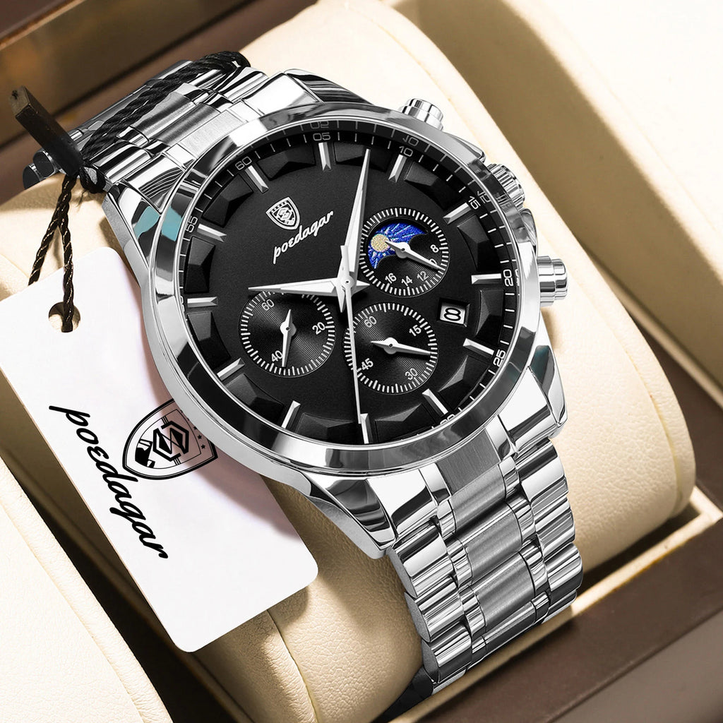 Chronograph Date Watch – Luminous Numberless Dial with Bracelet Clasp