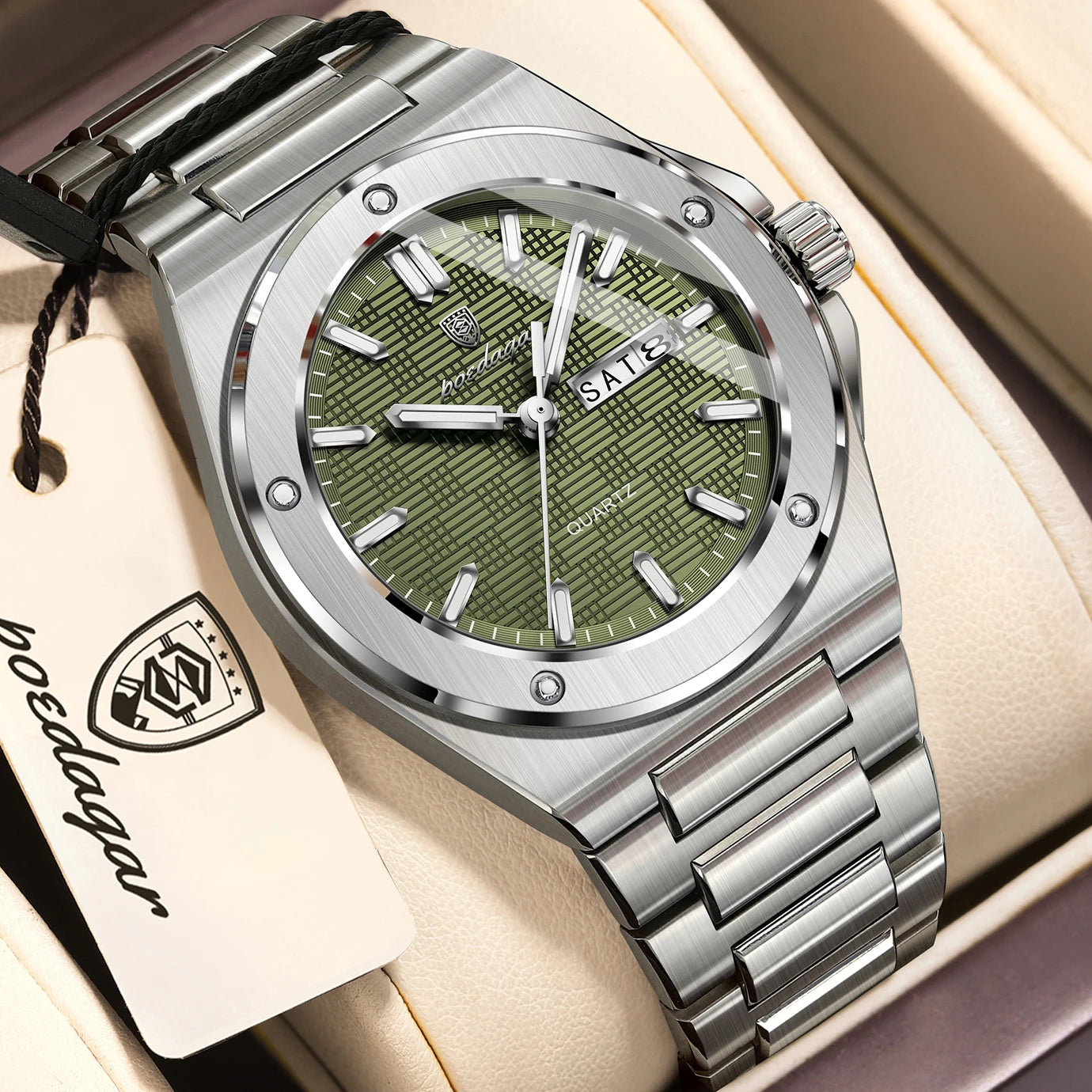 Full Calendar Business Watch – Luminous Stainless Steel with Hidden Clasp Bracelet