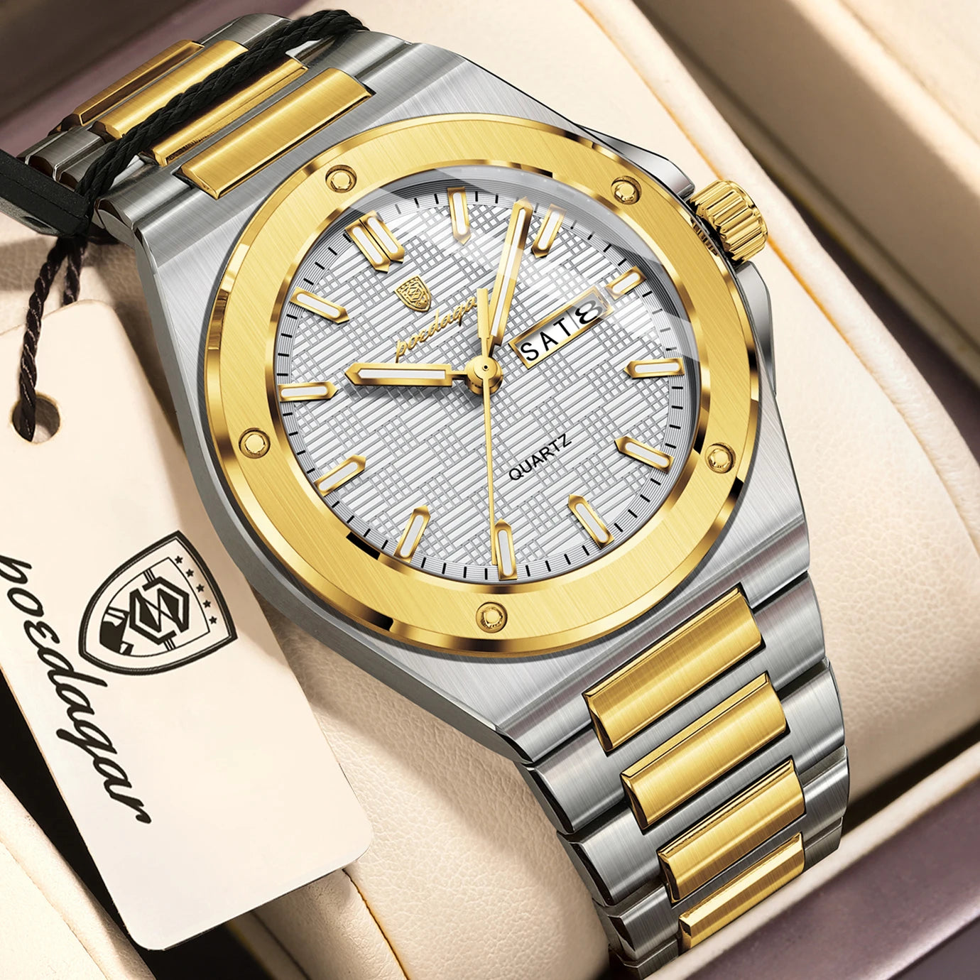 Full Calendar Business Watch – Luminous Stainless Steel with Hidden Clasp Bracelet