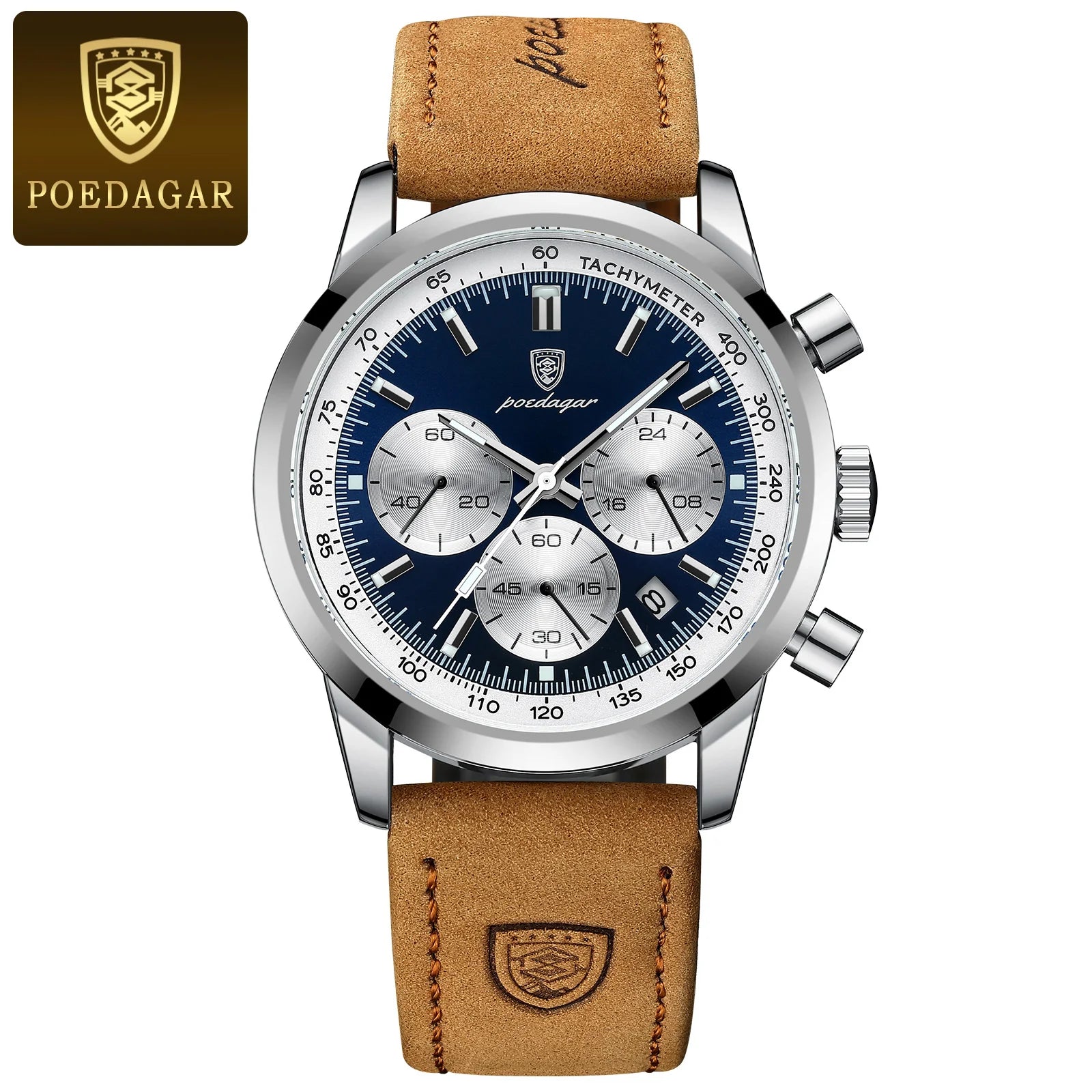 Chronograph Leather Watch – Full Calendar with Luminous Dial