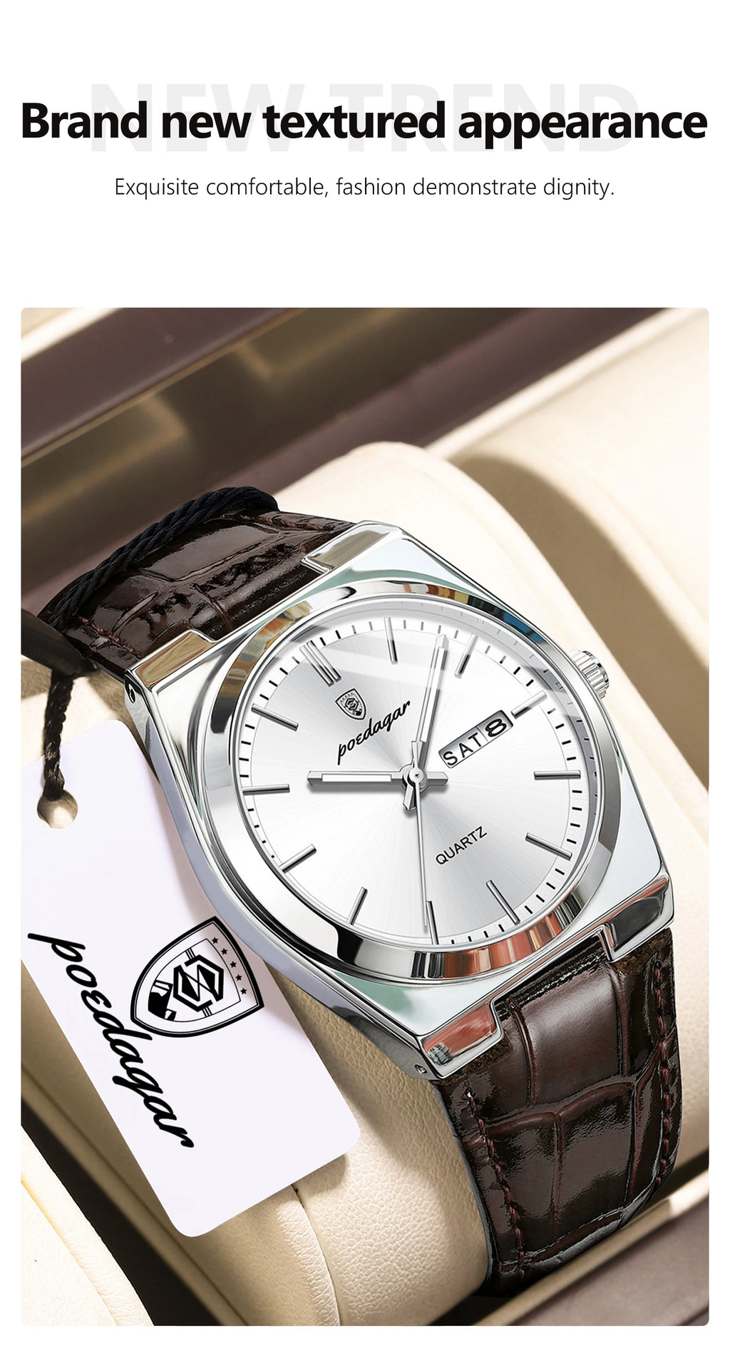Full Calendar Leather Watch – Luminous Dial with Date, Week & Classic Buckle