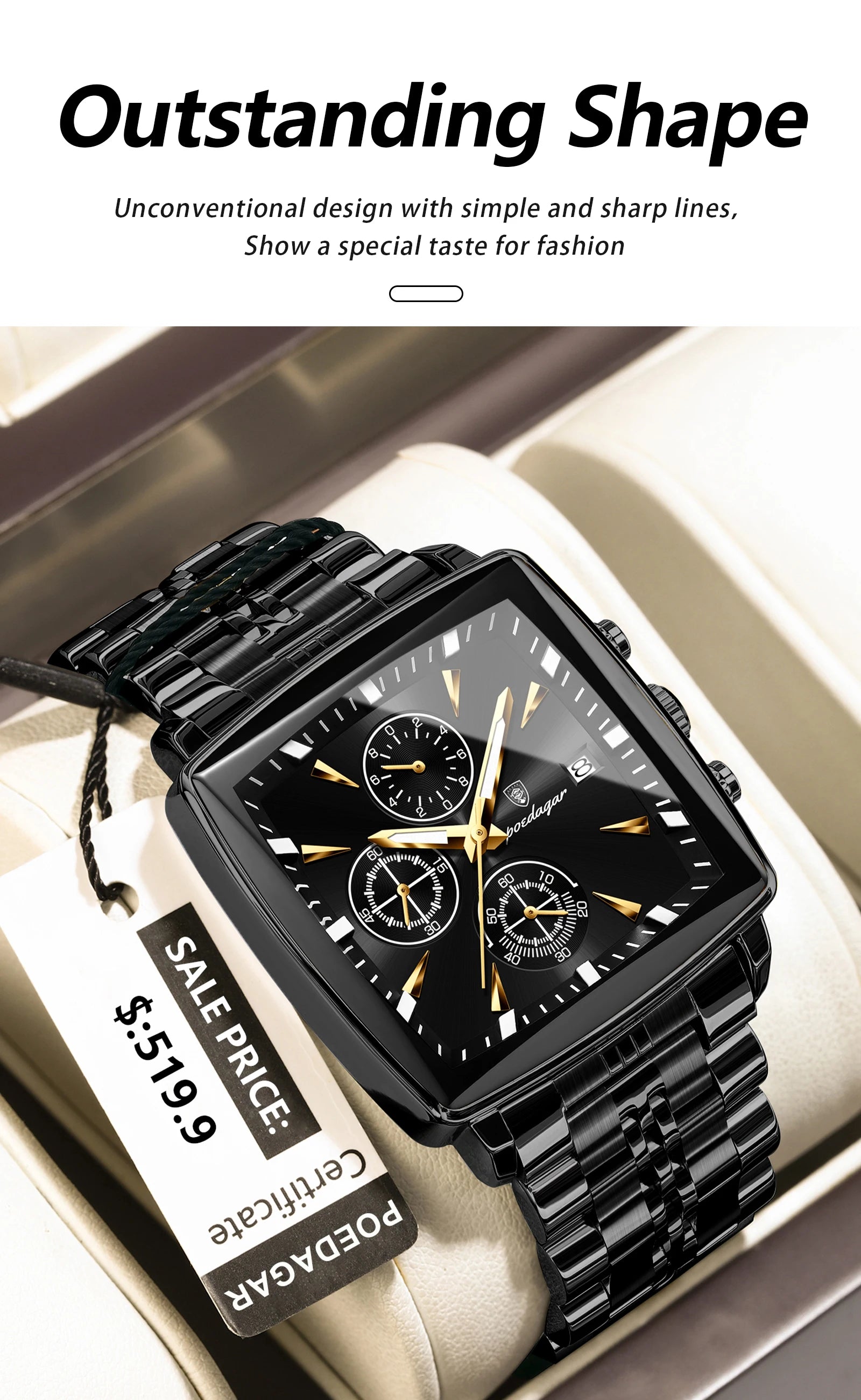 Square Chronograph Watch – Luminous Numberless Dial with Hidden Clasp Bracelet