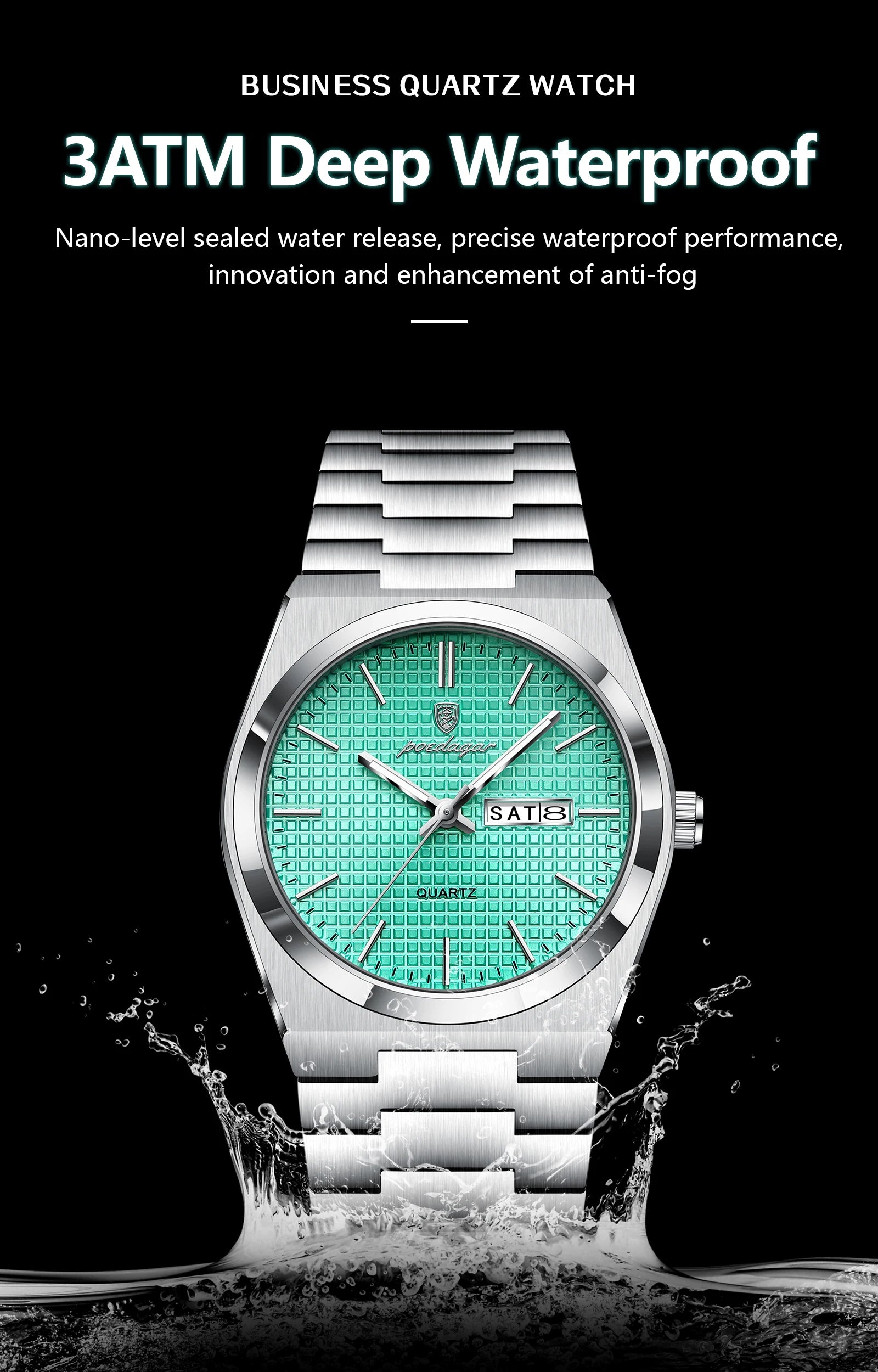Full Calendar Stainless Steel Watch – Luminous Dial with Hidden Clasp Bracelet