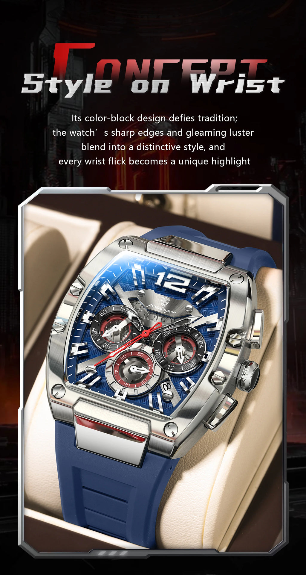 Bold Tonneau Timepiece – Luminous Chronograph with Premium Silicone Strap