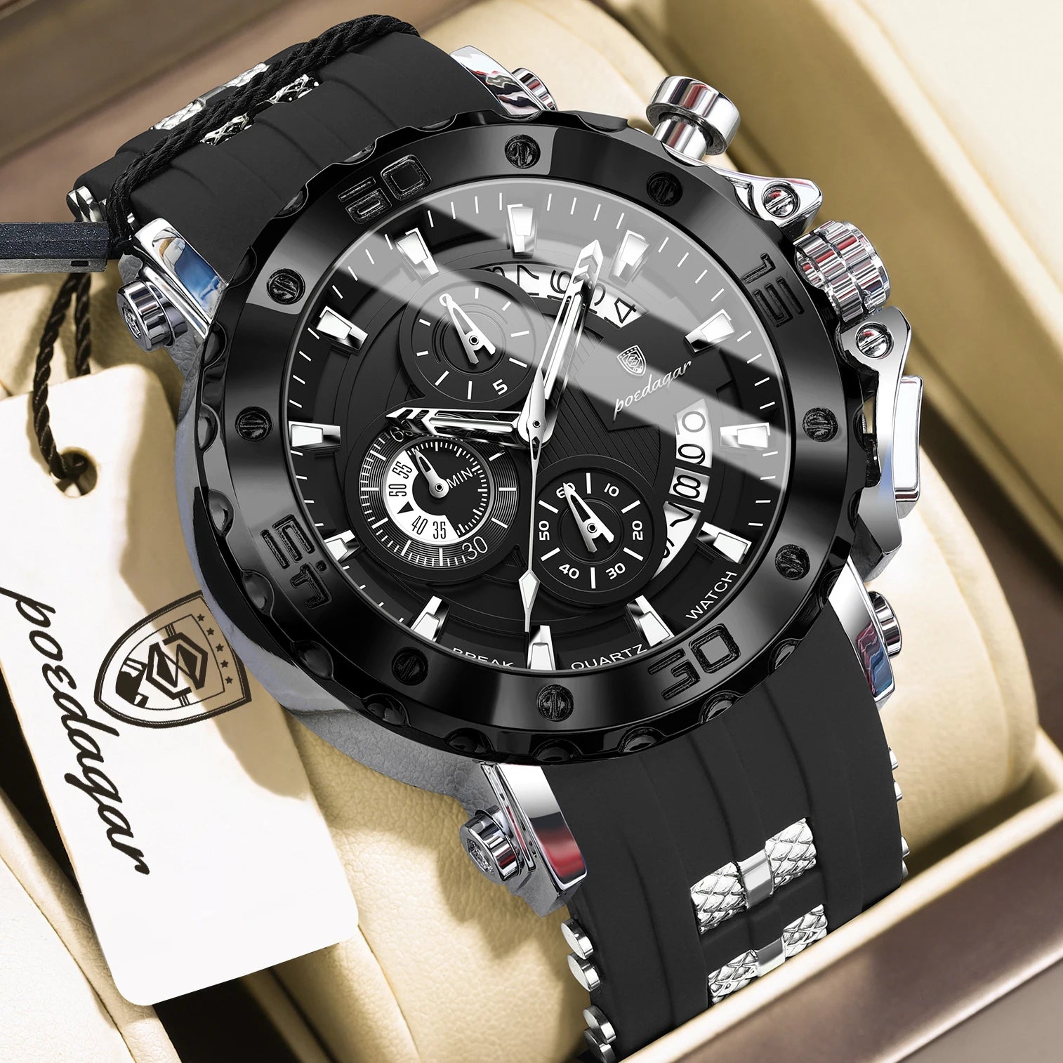 Large Chronograph Sport Watch – Full Calendar with Silicone Strap & Luminous Dial