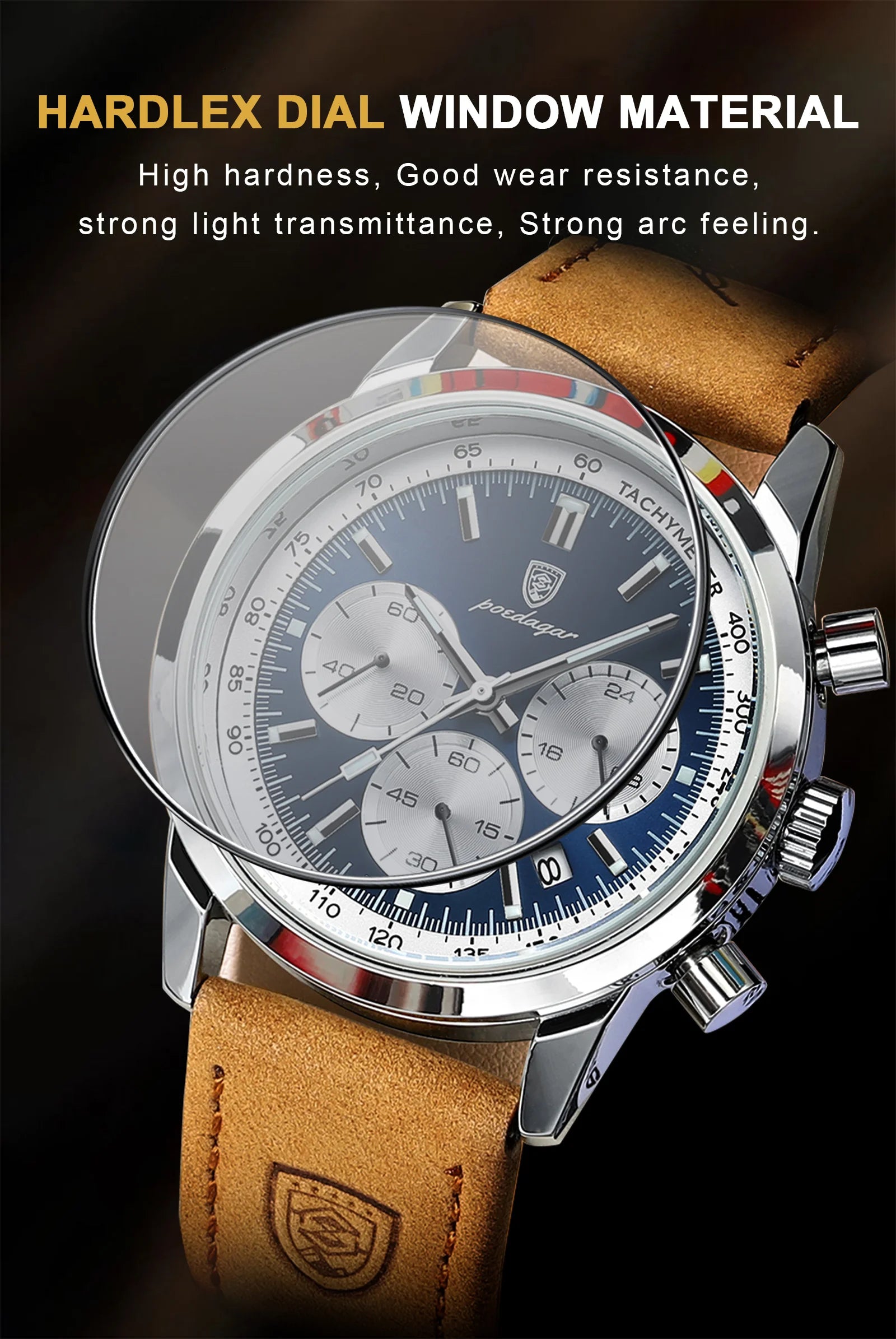 Chronograph Leather Watch – Luminous Numberless Dial with Date
