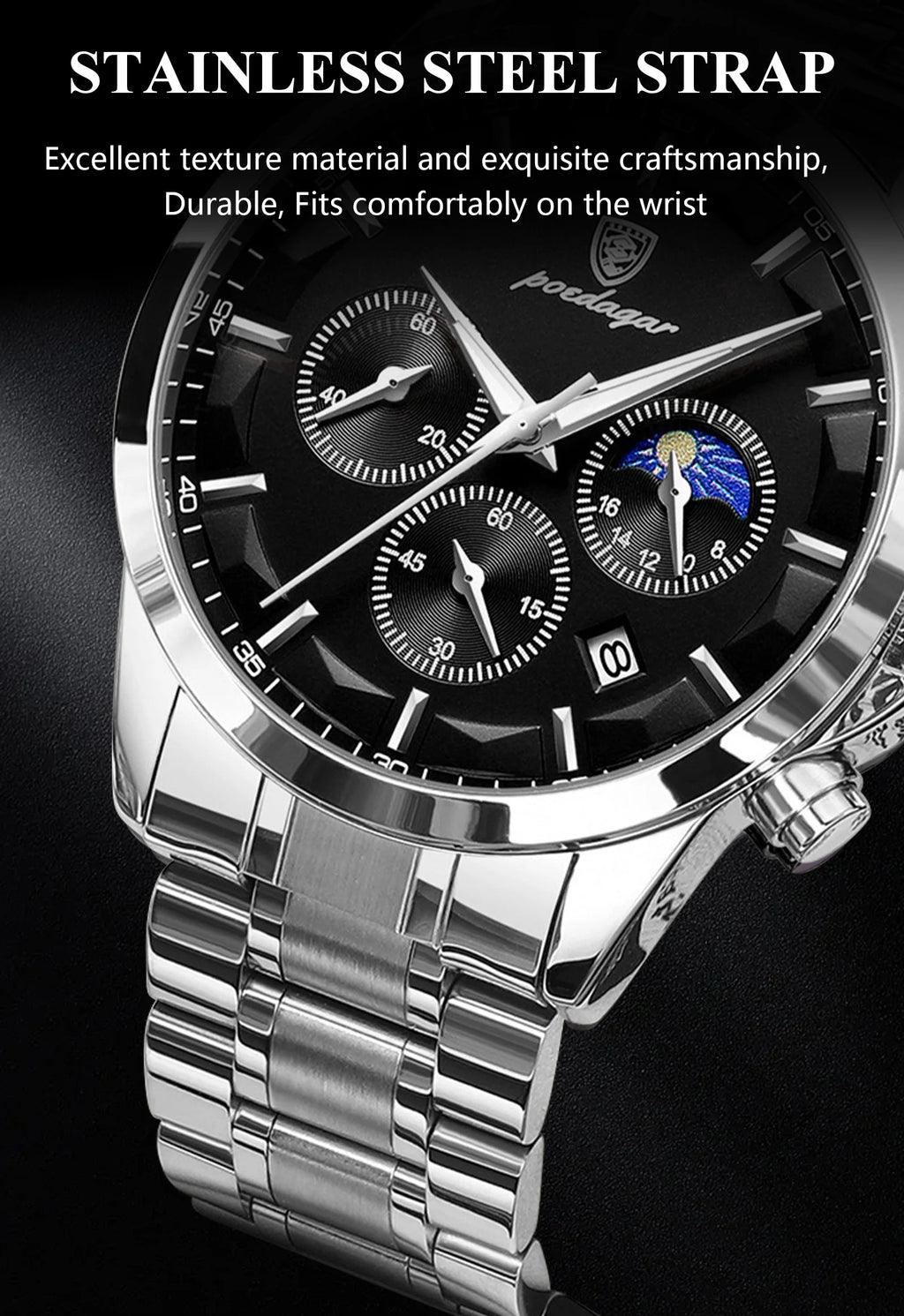 Chronograph Date Watch – Luminous Numberless Dial with Bracelet Clasp