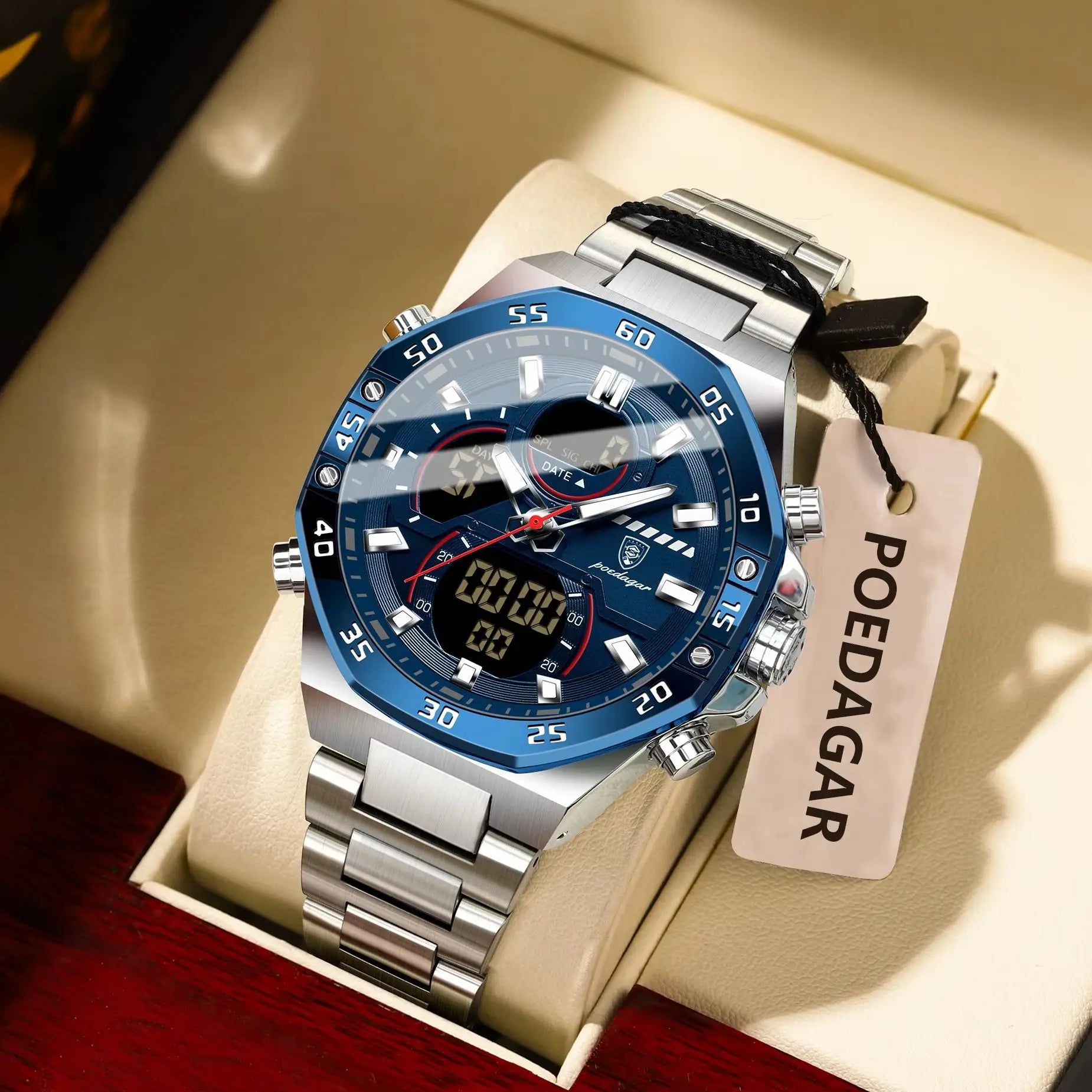 LED Analog-Digital Chronograph Watch – Full Calendar with Alarm & Bracelet