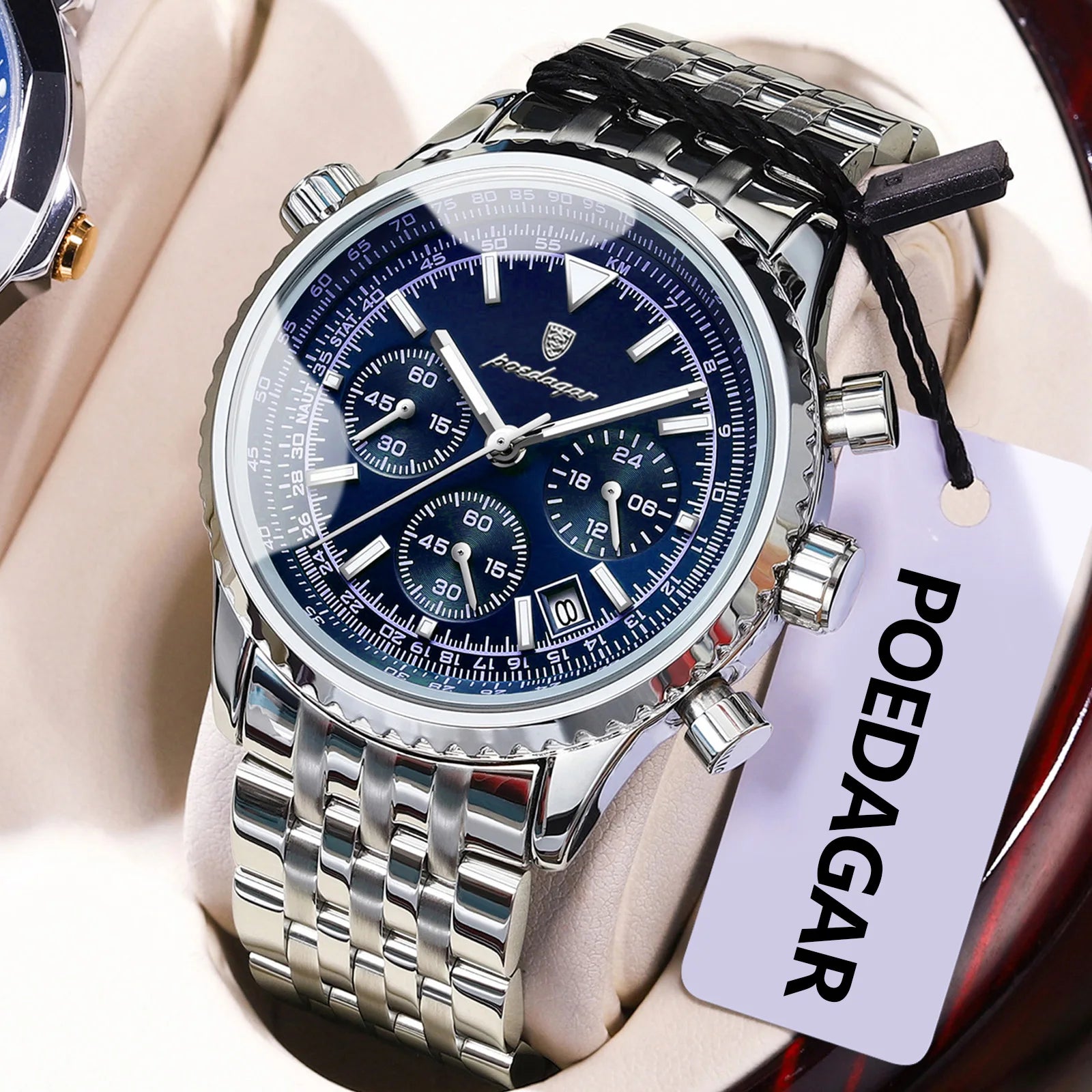 Chronograph Date Watch – Luminous Numberless Dial with Hidden Clasp Bracelet