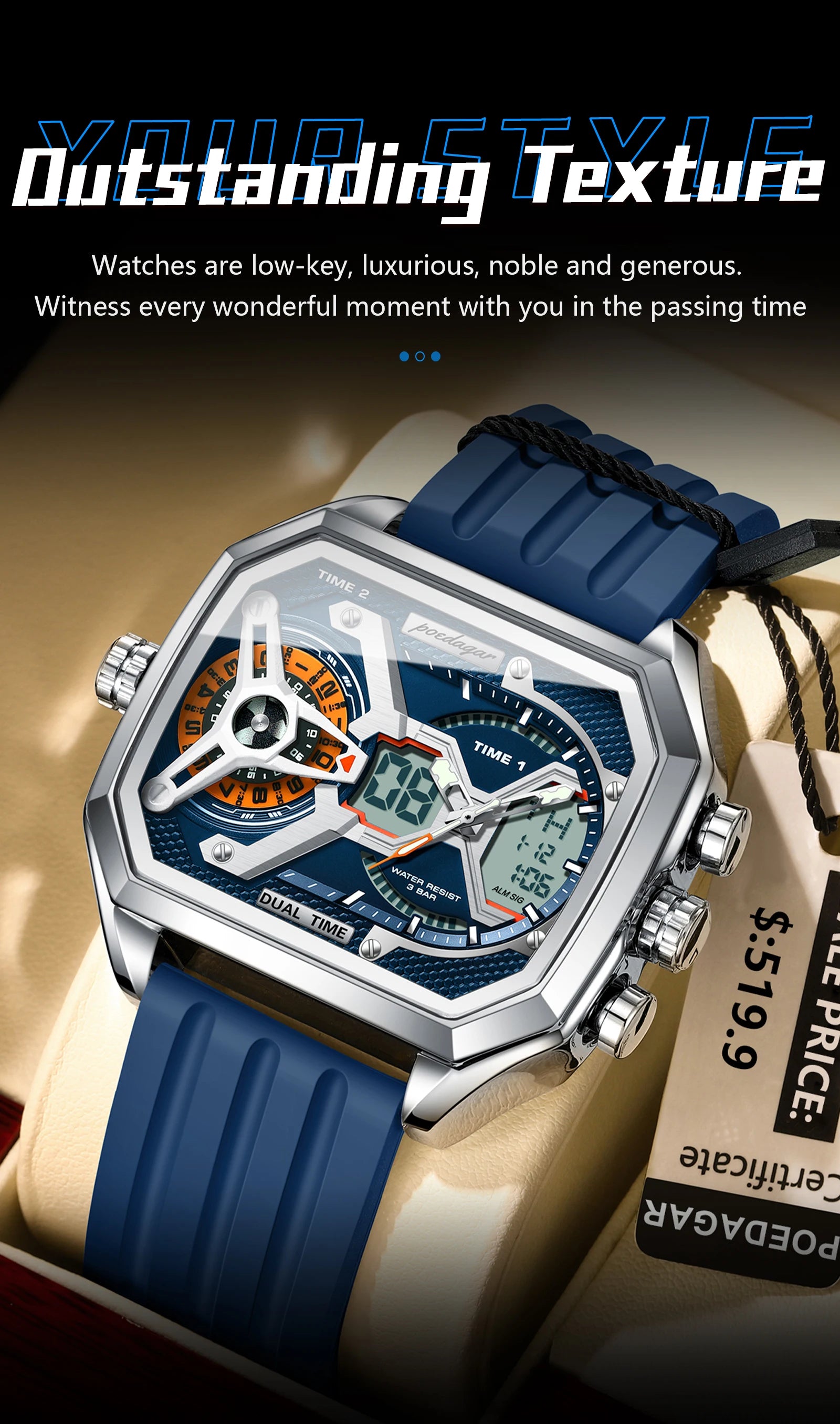 LED Analog-Digital Chronograph Watch – Dual Time & Alarm with Silicone Strap