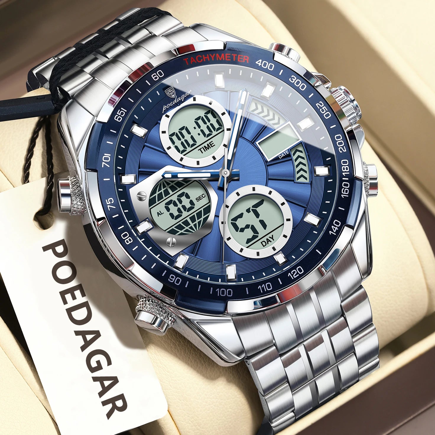 Dual Time Chronograph Watch – Analog-Digital Display with LED & Full Calendar