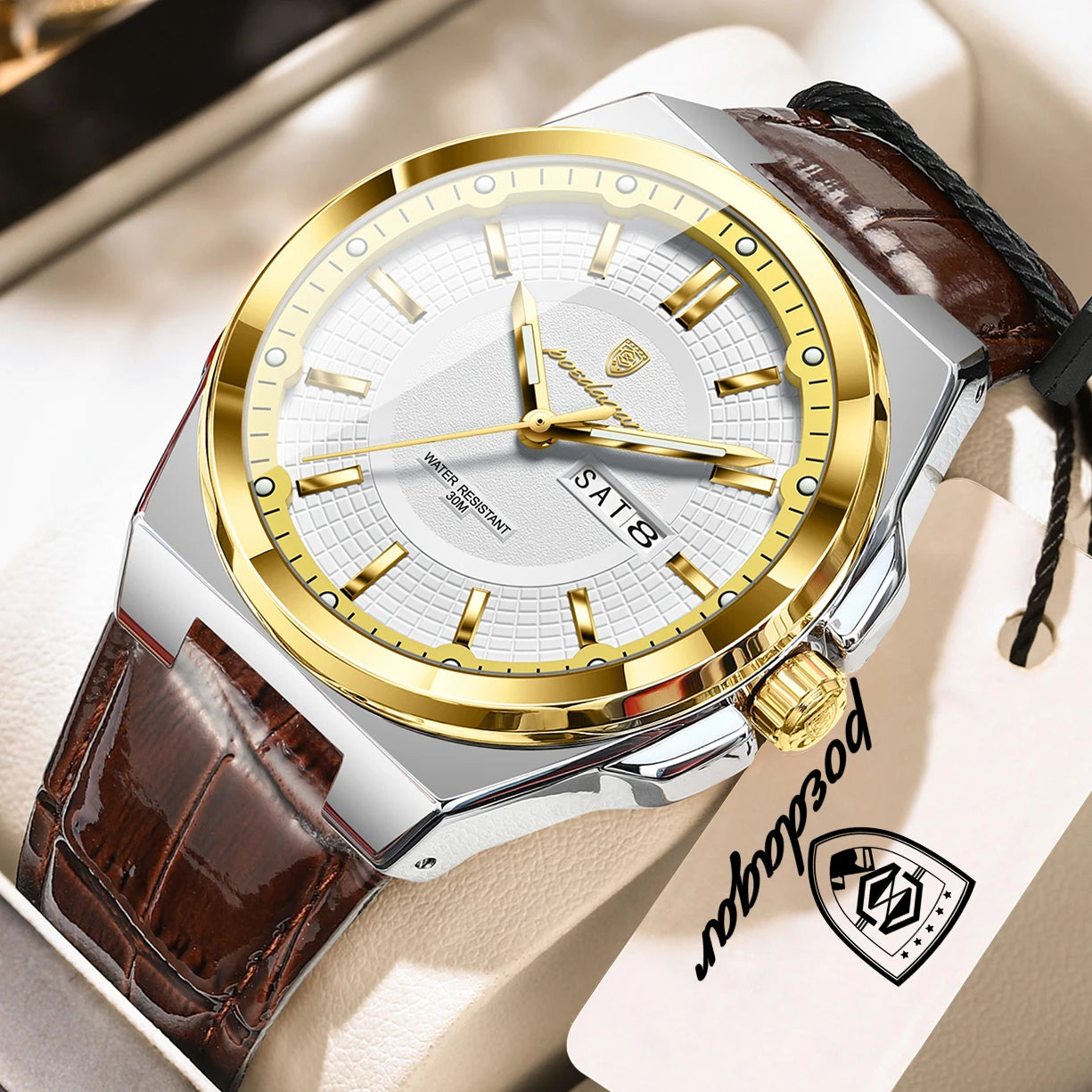 Full Calendar Leather Watch – Luminous Dial with Date & Week Display