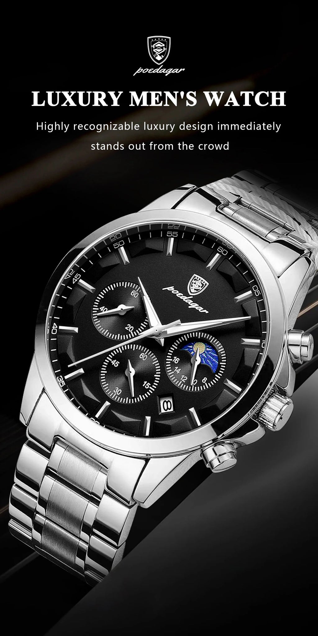 Chronograph Date Watch – Luminous Numberless Dial with Bracelet Clasp