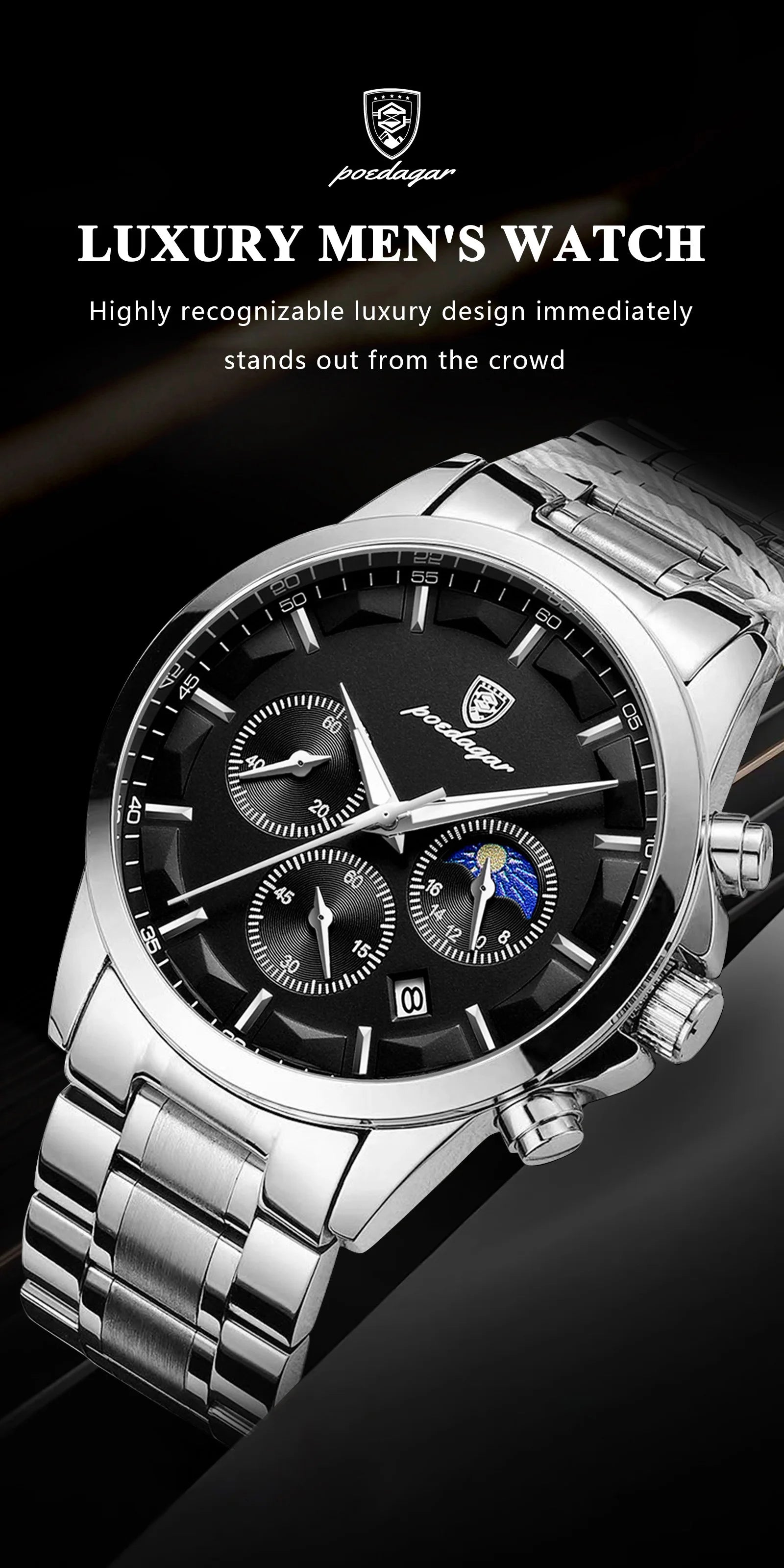 Chronograph Date Watch – Luminous Numberless Dial with Bracelet Clasp