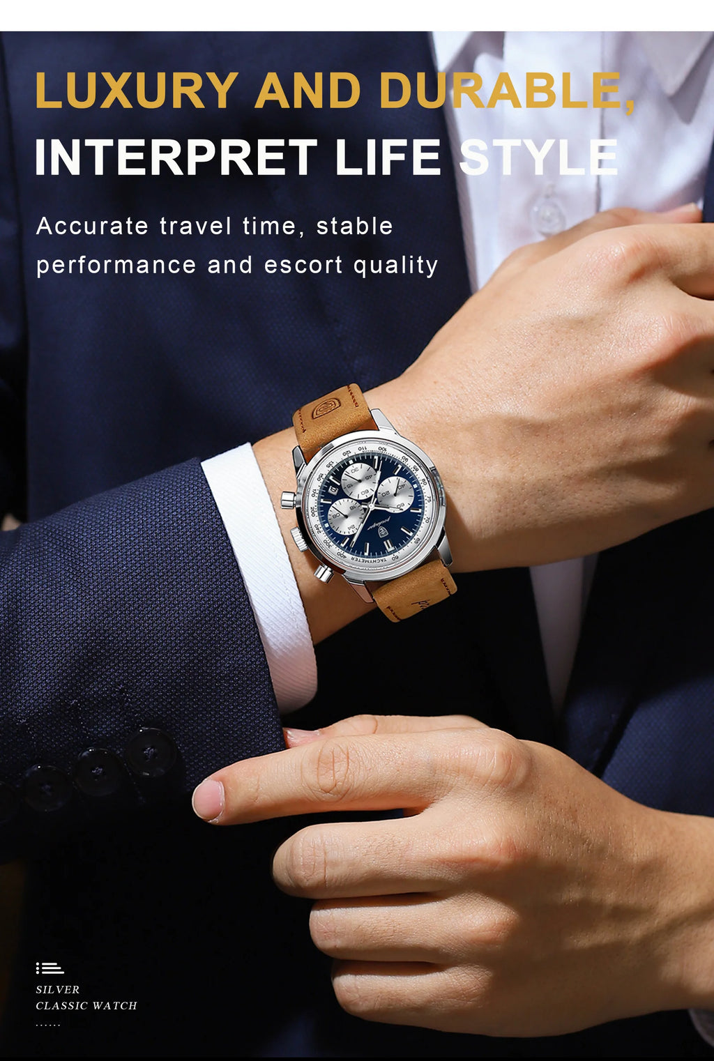 Chronograph Leather Watch – Luminous Numberless Dial with Date