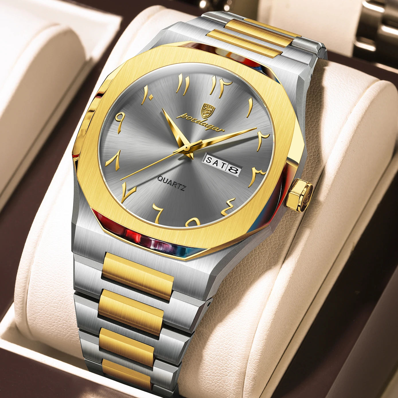 Irregular Shape Stainless Steel Watch – Full Calendar with Date & Week Display