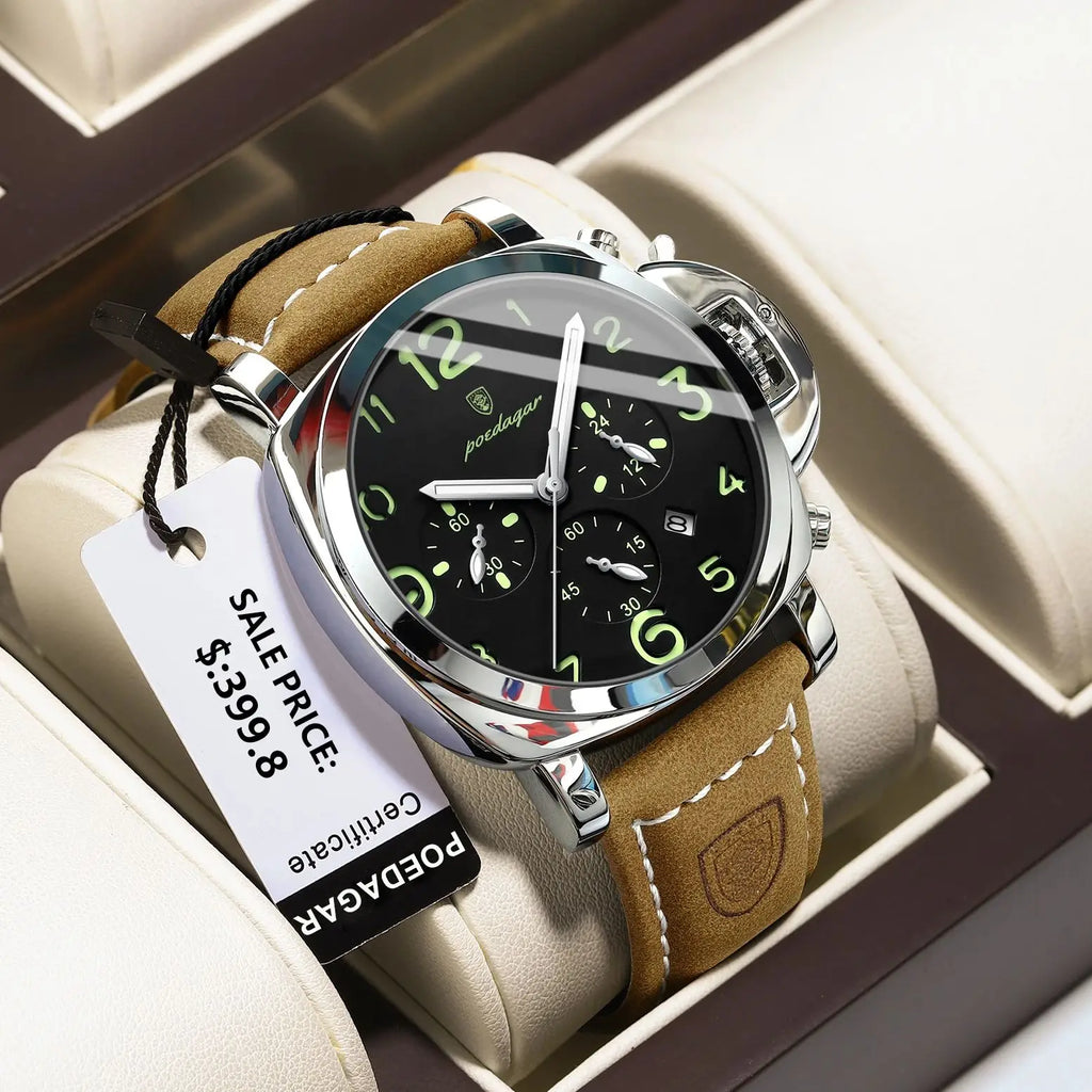 Military Style Chronograph Watch – Luminous Leather Strap with Date