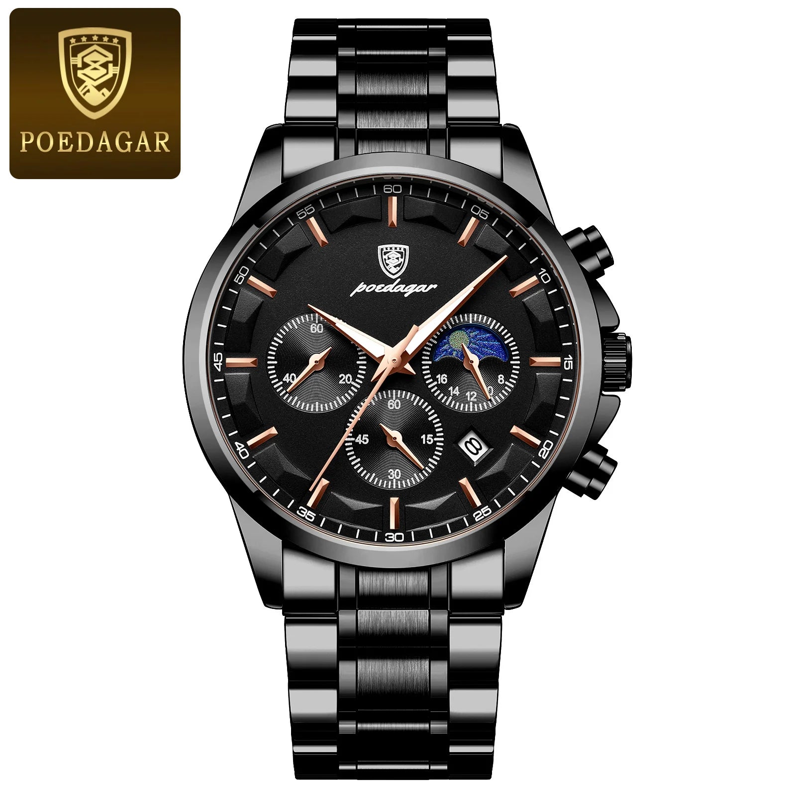 Moon Phase Full Calendar Watch – Luminous Dial with Stainless Steel Bracelet