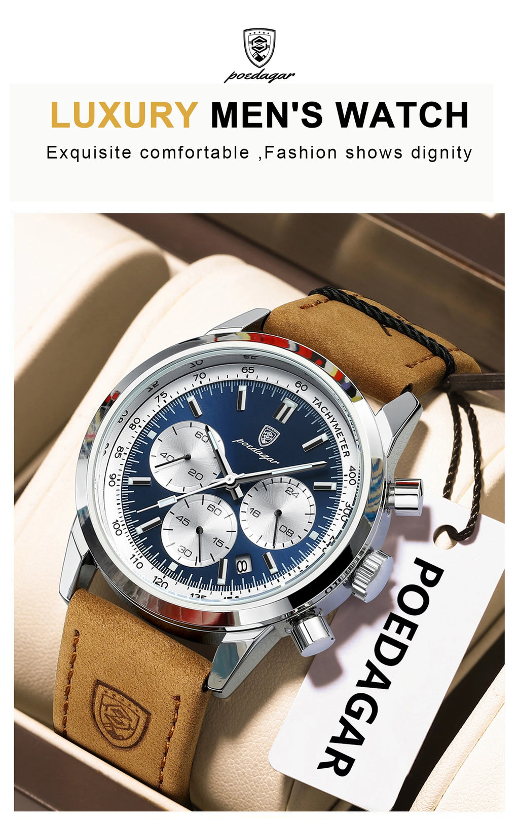 Chronograph Leather Watch – Luminous Numberless Dial with Date