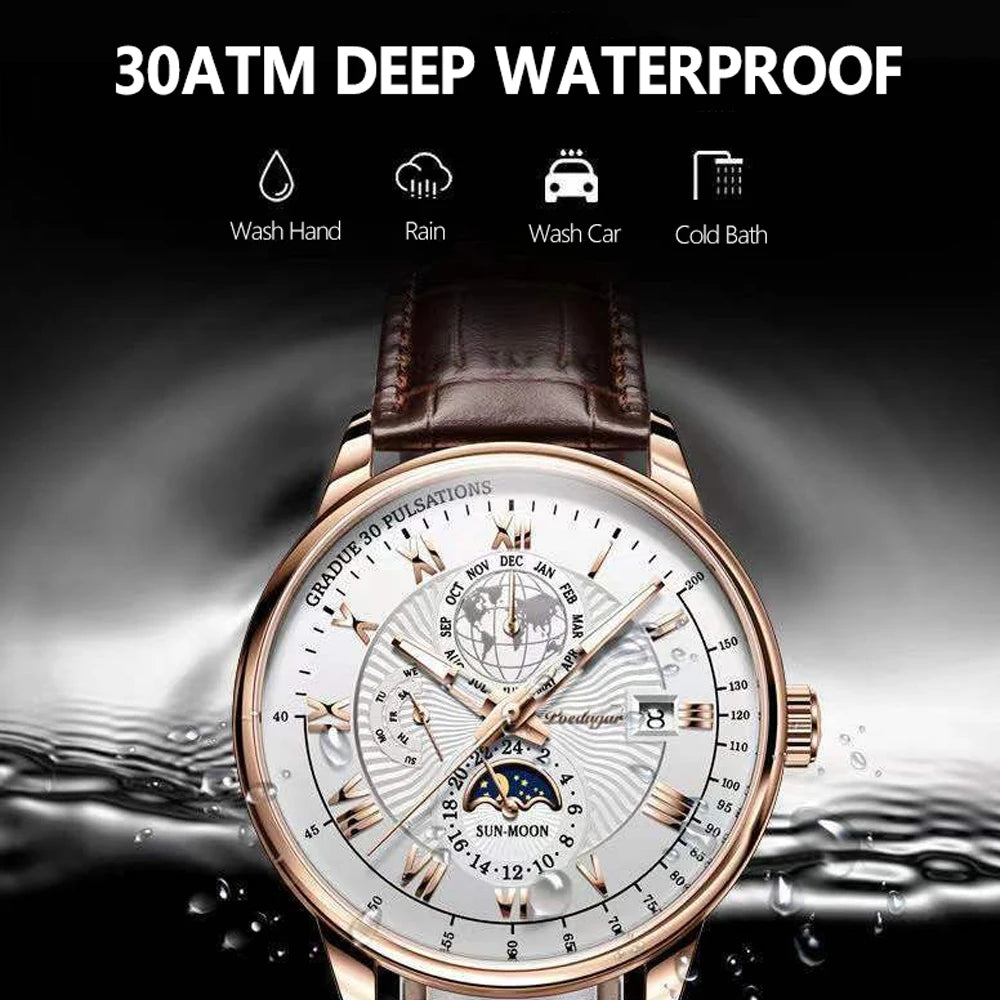 Roman Numeral Full Calendar Watch – Stainless Steel Bracelet with Stopwatch