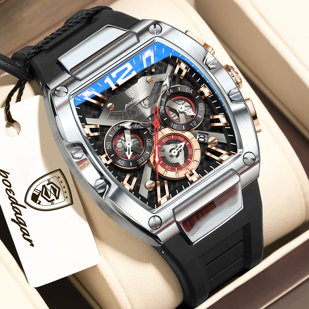 Tonneau Chronograph Watch – Roman Numeral Dial with Sapphire Crystal & Silicone Strap
