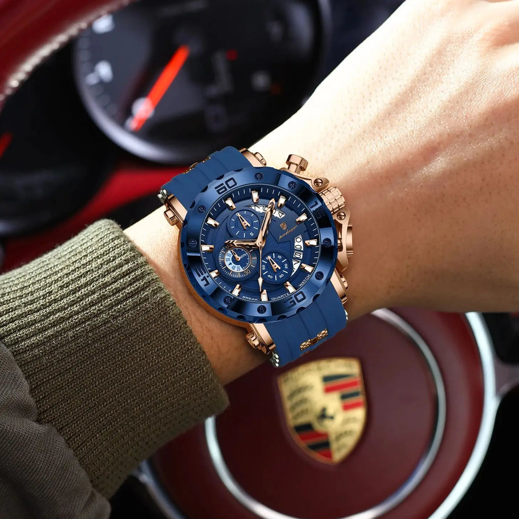 Large Chronograph Sport Watch – Full Calendar with Silicone Strap & Luminous Dial