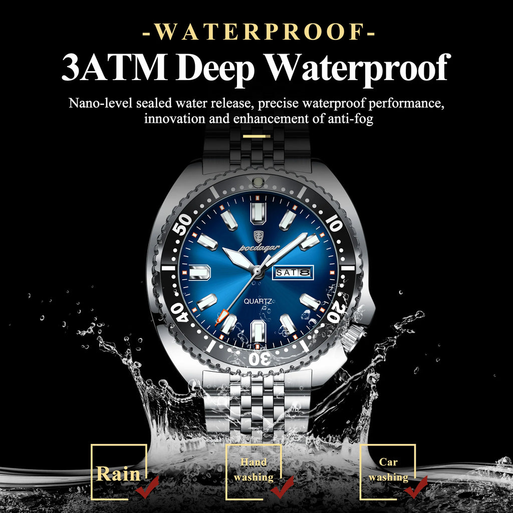 Large Full Calendar Watch – Luminous Numberless Dial with Hidden Clasp Bracelet