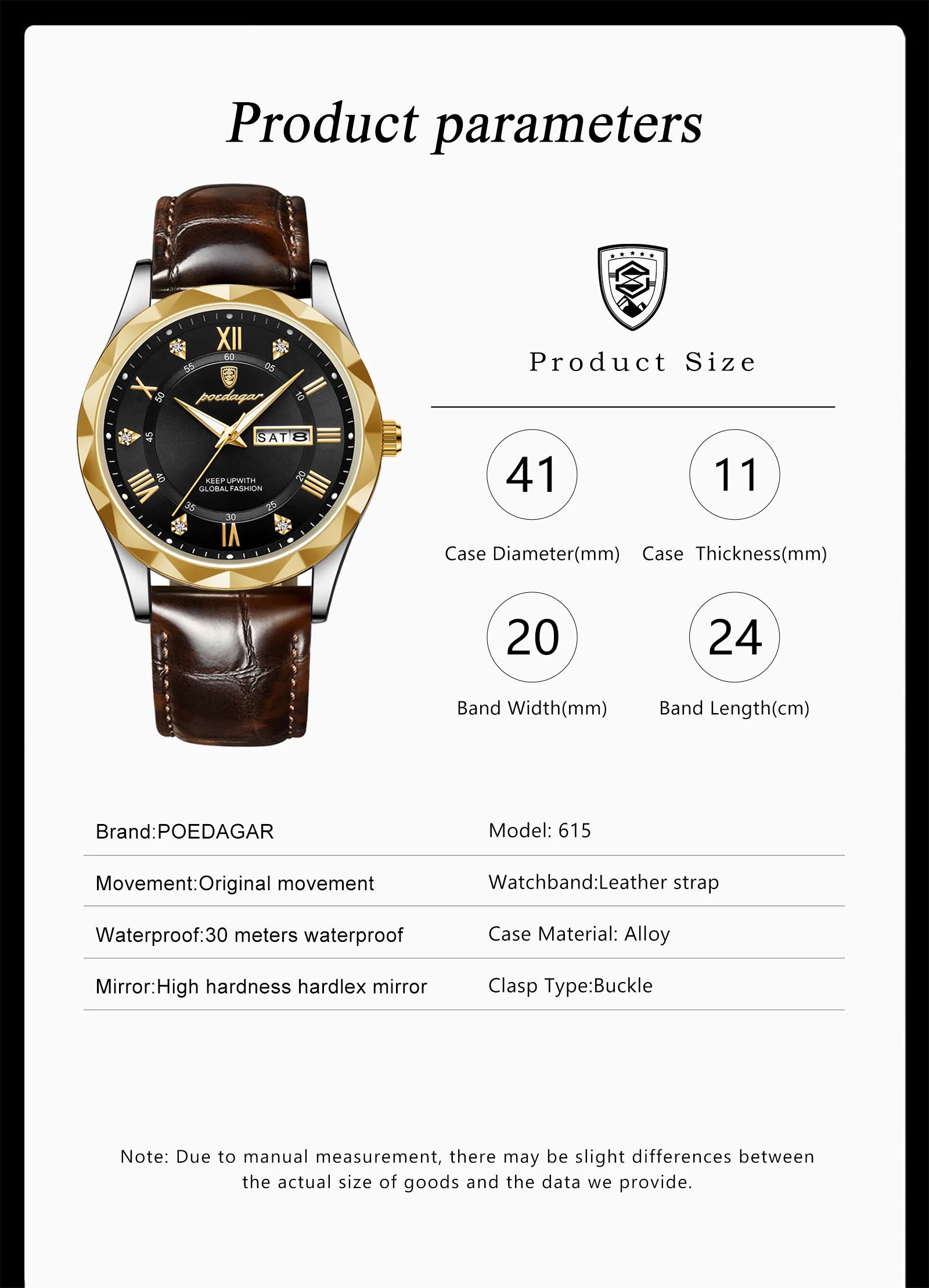 POEDAGAR Original Luxury Male Watch Waterproof Luminous Date Week Sports Men's Watches Classic Business Quartz Leather Men Watch