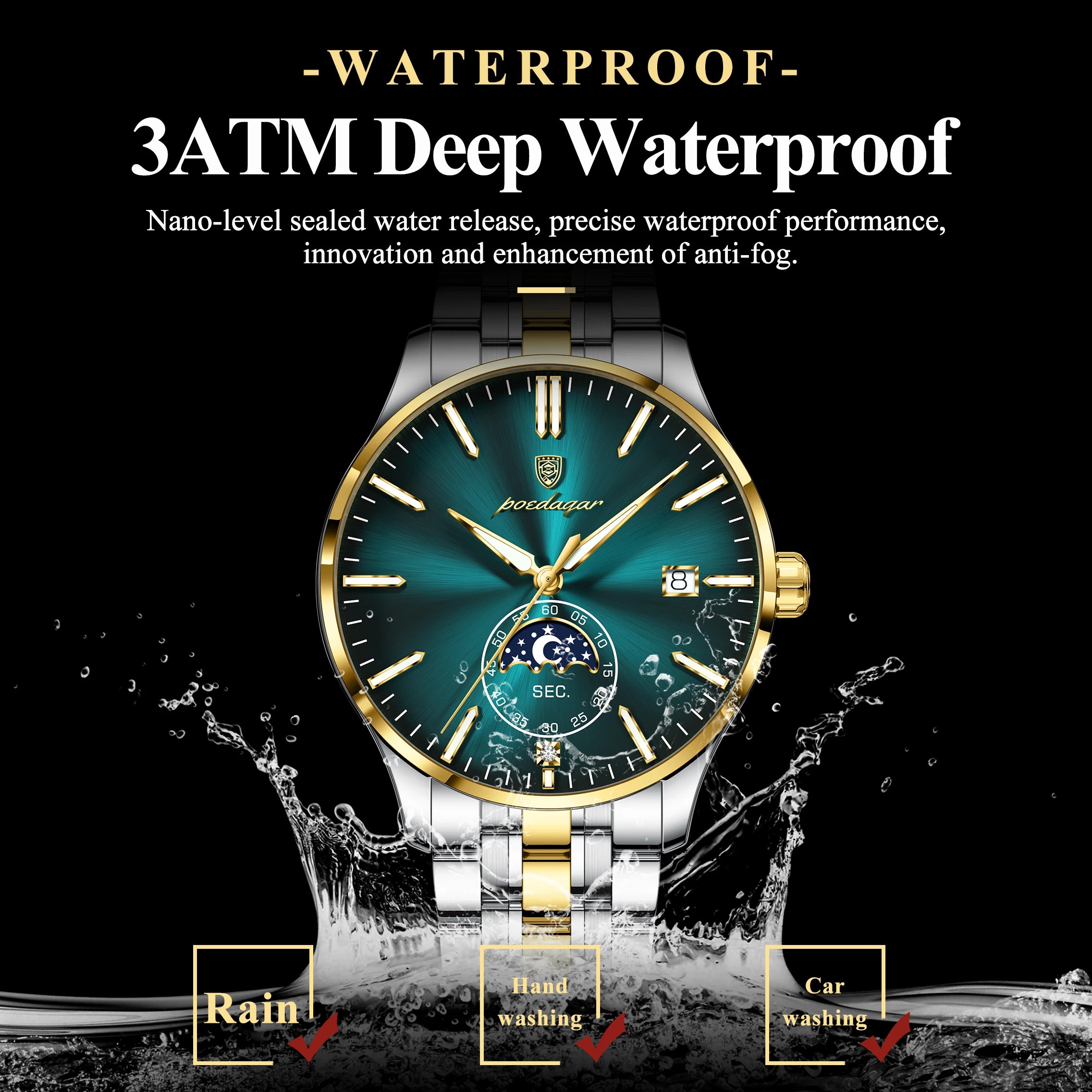 Round Business Chronograph – Slim Stainless Steel Watch with Luminous Hands & Date