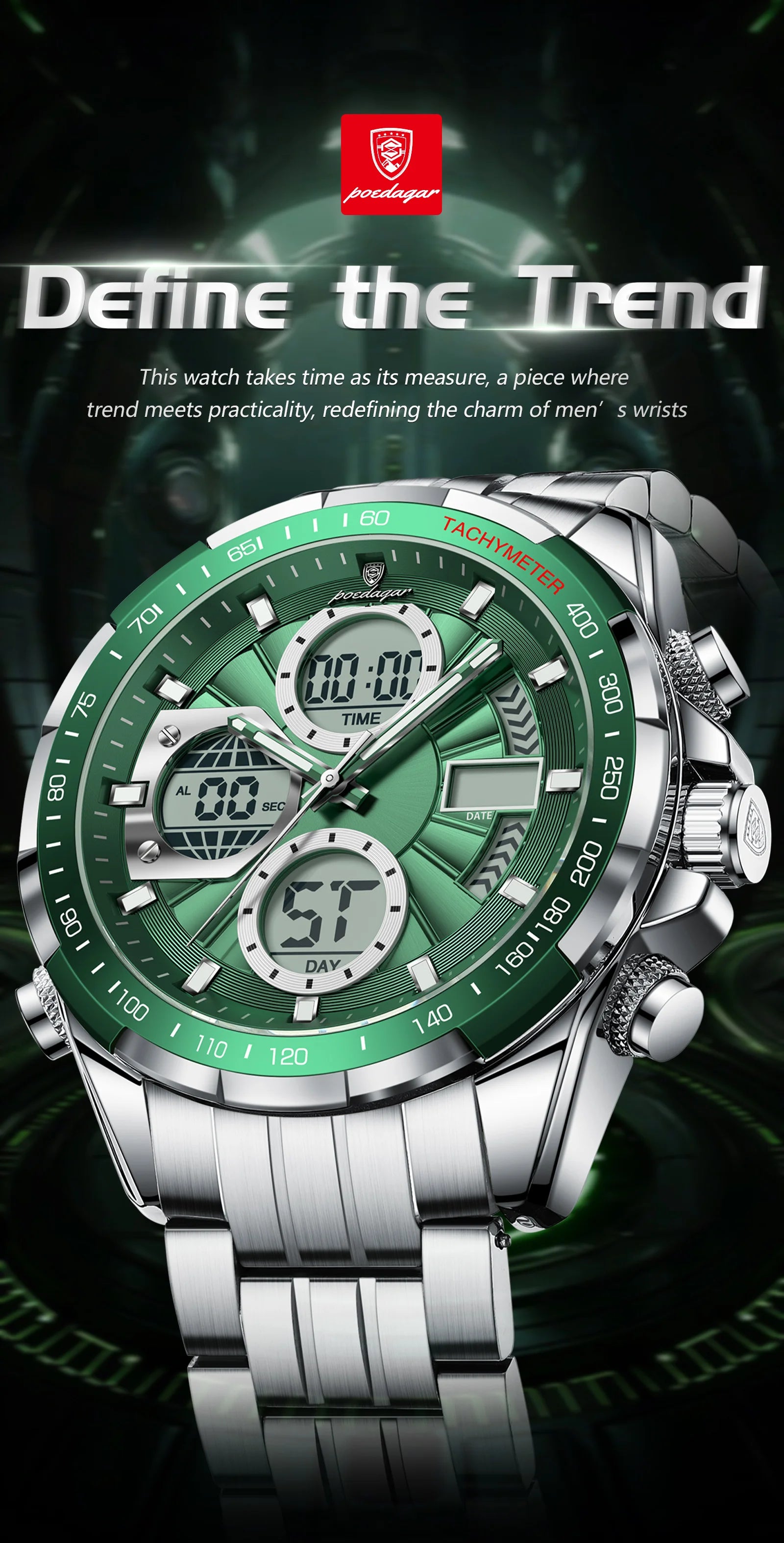 Dual Time Chronograph Watch – Analog-Digital Display with LED & Full Calendar